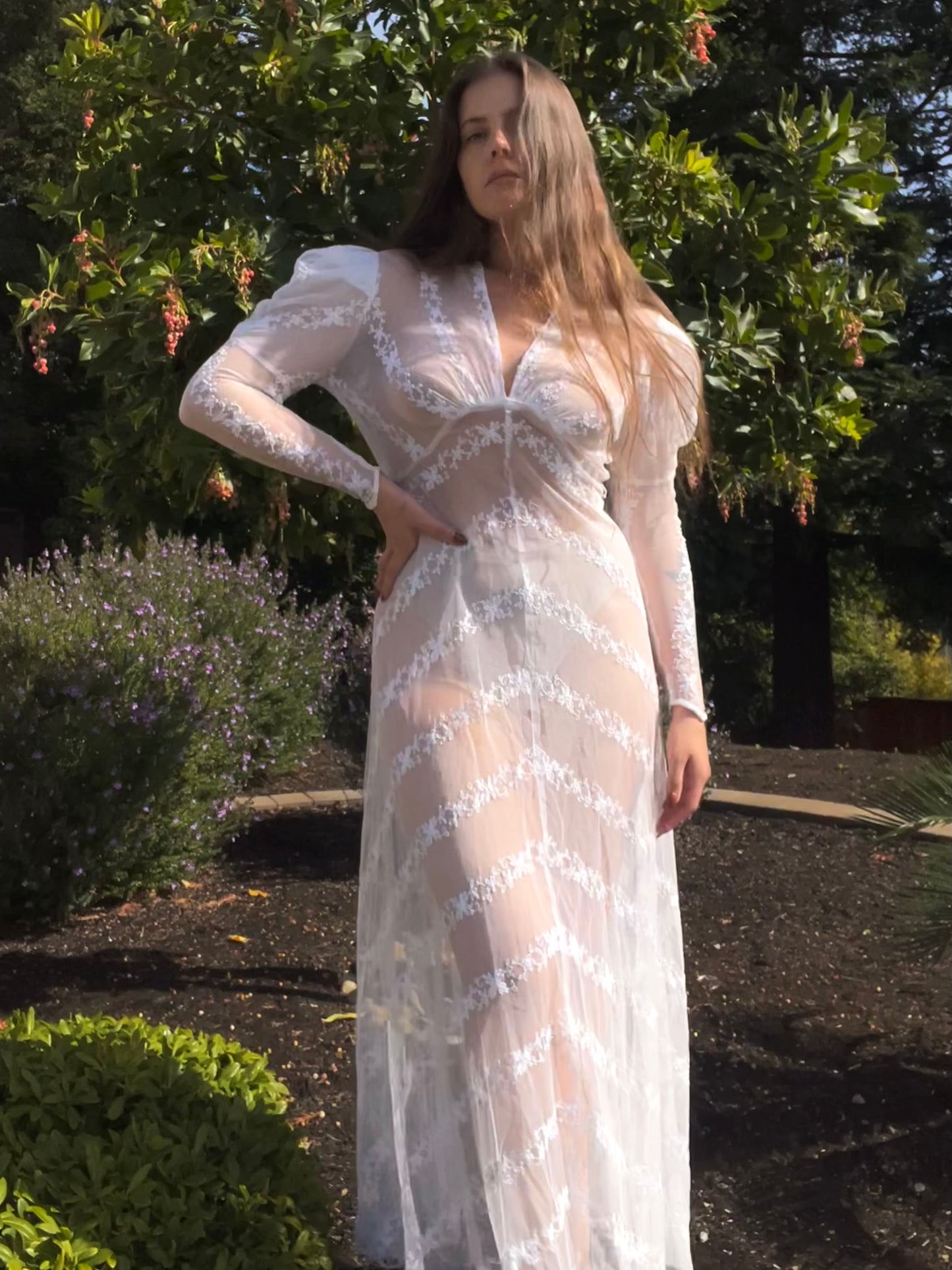 Edwardian Embroidered Net Lace Gigot Sleeve Bridal Gown