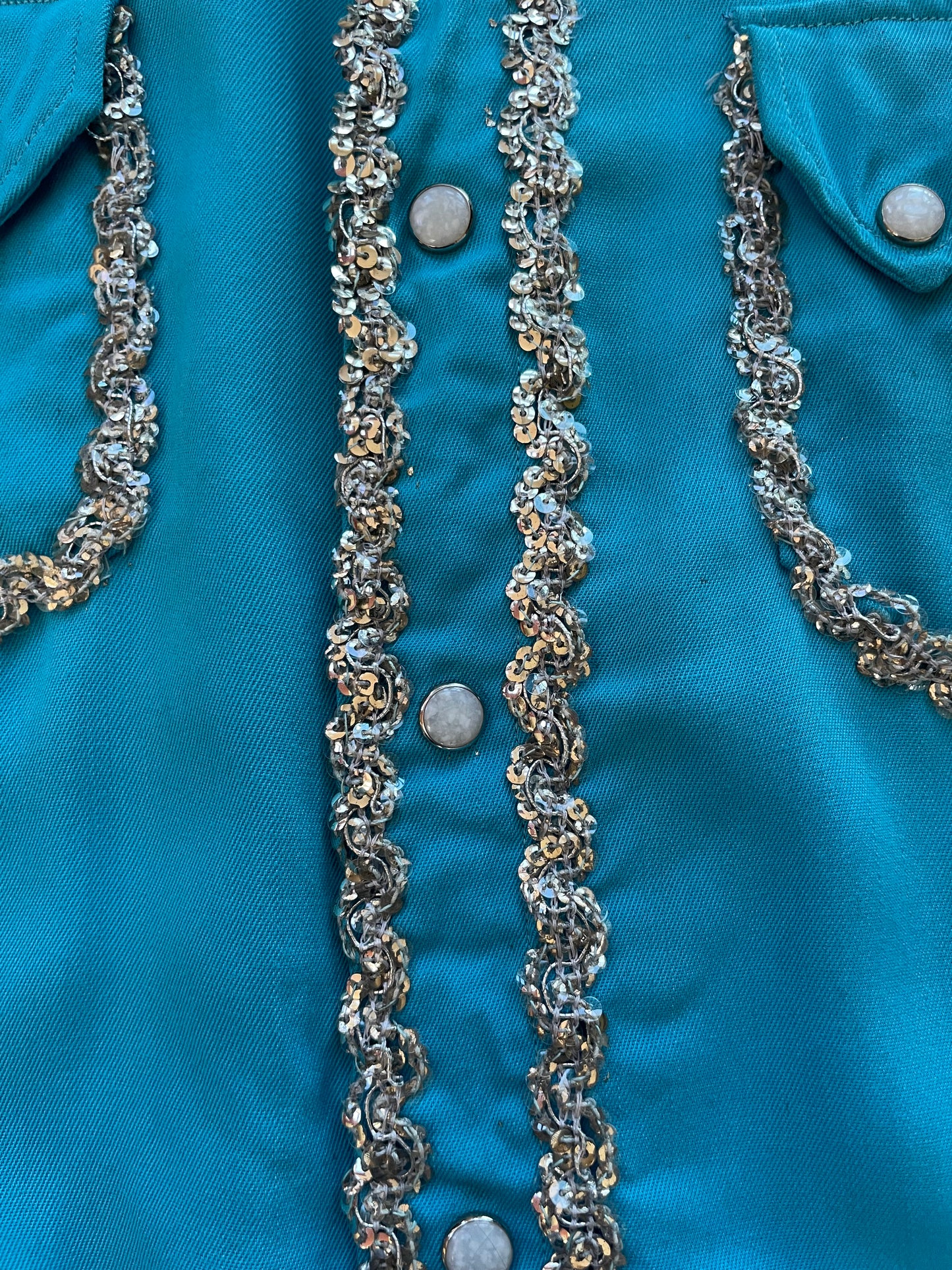 1950s Lee 101 Electric Turquoise Sequin Embellished Western Two Piece Suit W* Bow Clip