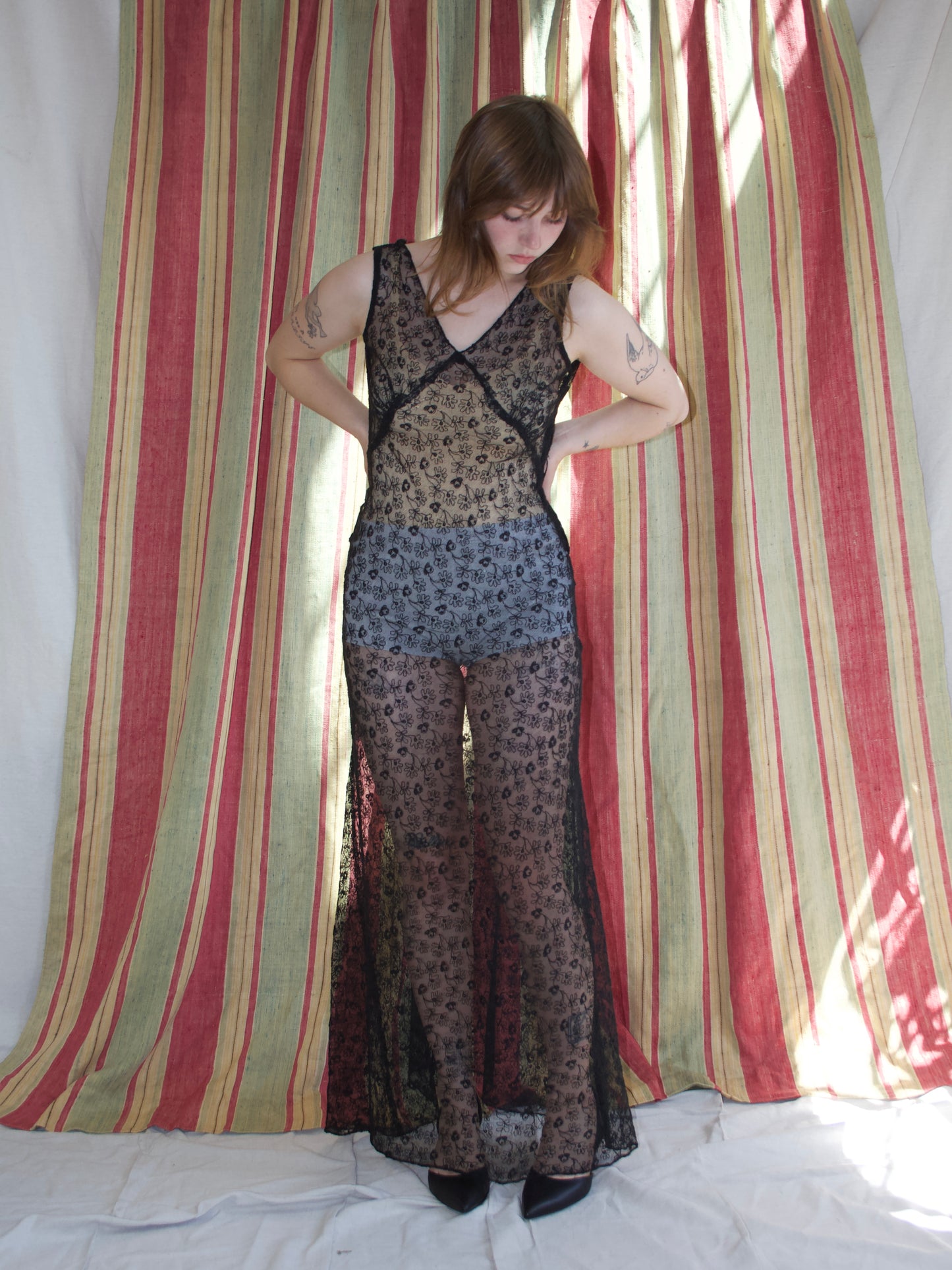 1930s Inky Black Embroidered Net Low Back Dress