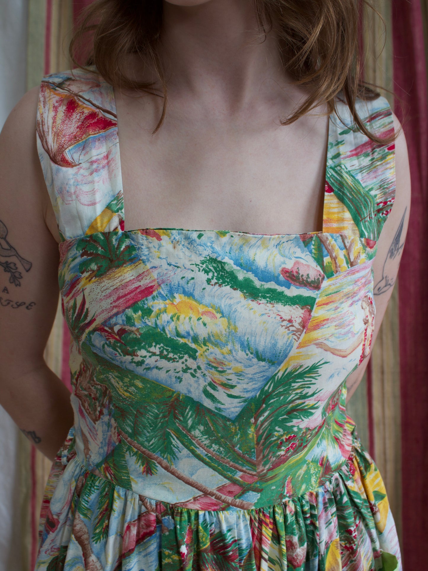 1940s 2 PC Hawaiian Print Cotton Sundress w* Chartreuse Bolero