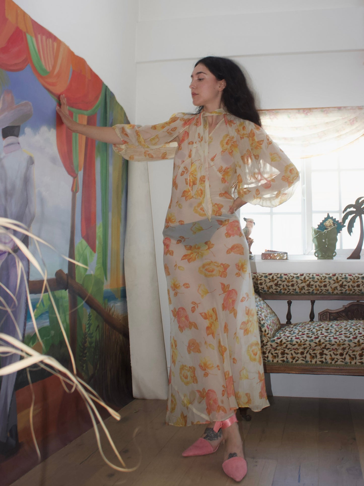 1930s Two Piece Sheer Floral Bias Cut Dress & Open Back Bolero Set