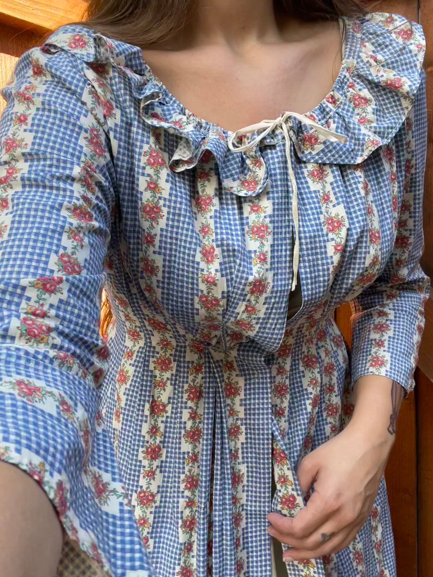 1930s Feedsack Ruffle Neckline Striped Floral Floor Length Dressing Gown