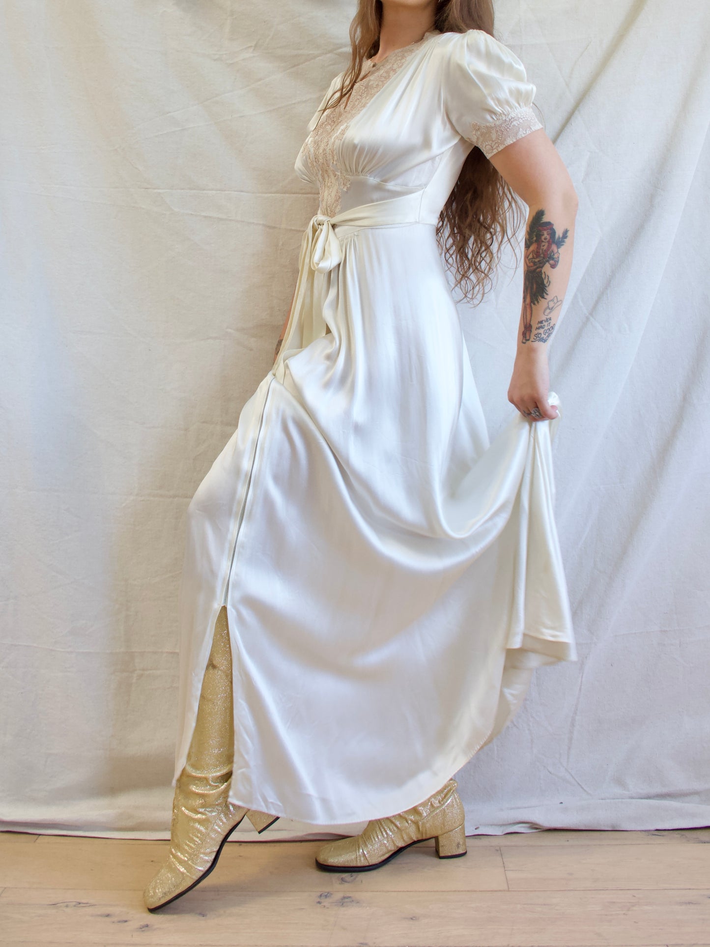 Late 1930s Liquid Silk Satin Trained Zip Front Inset Lace Gown