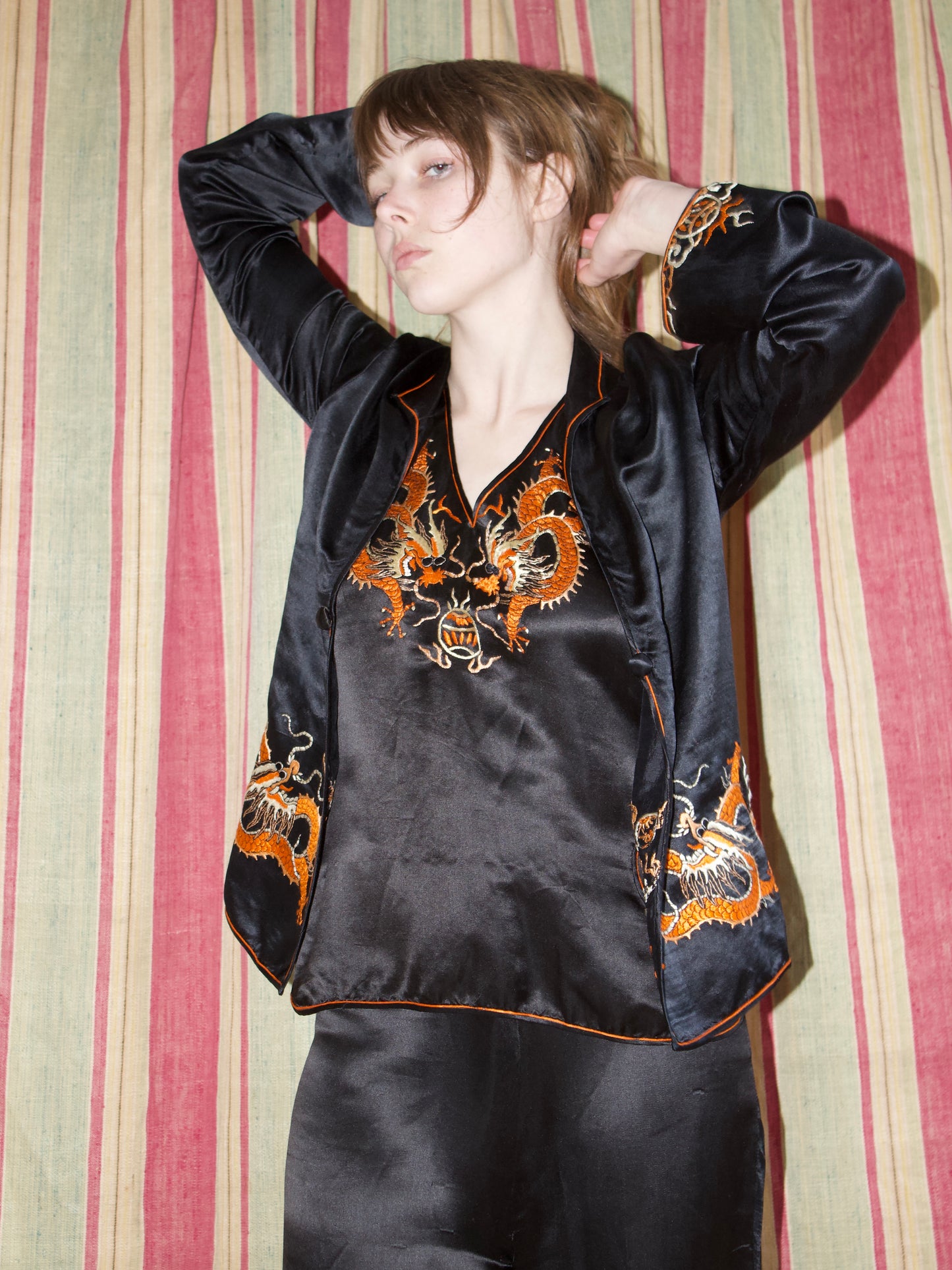 Antique 1920s Silk Wide Leg Chinese Dragon Embroidered 3 PC Lounging Pajamas