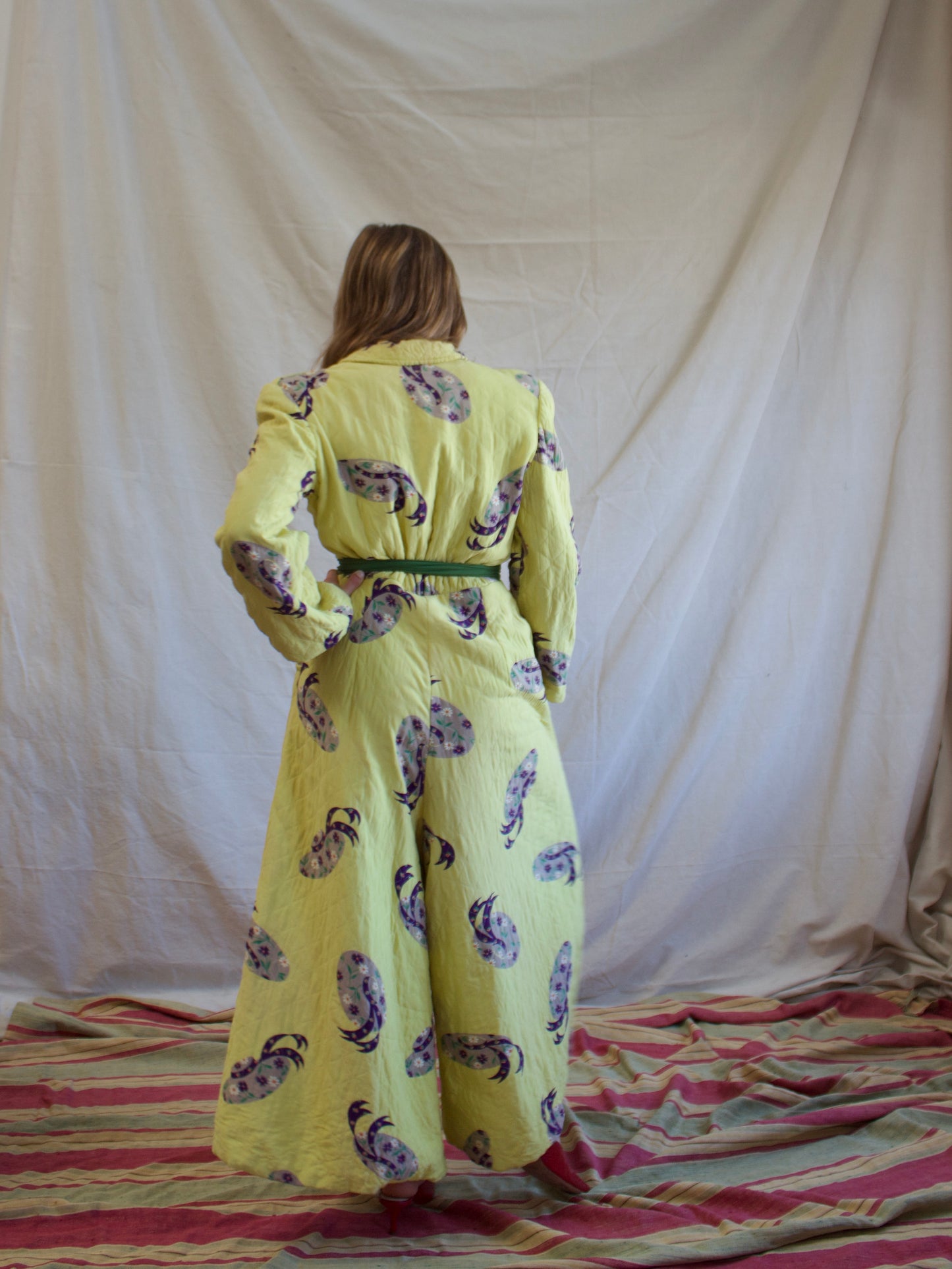 1940s Quilted Novelty Print Palazzo Pant Zip Front Jumpsuit