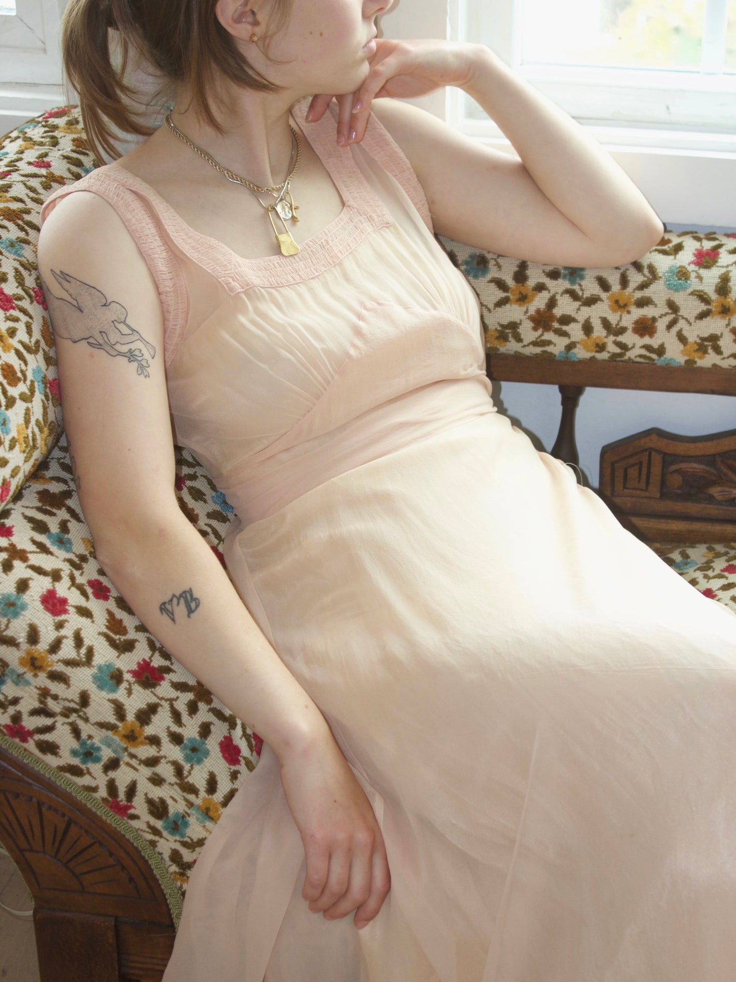 1930s Pale Pink Silk Chiffon Smocked Tie Waist Gown