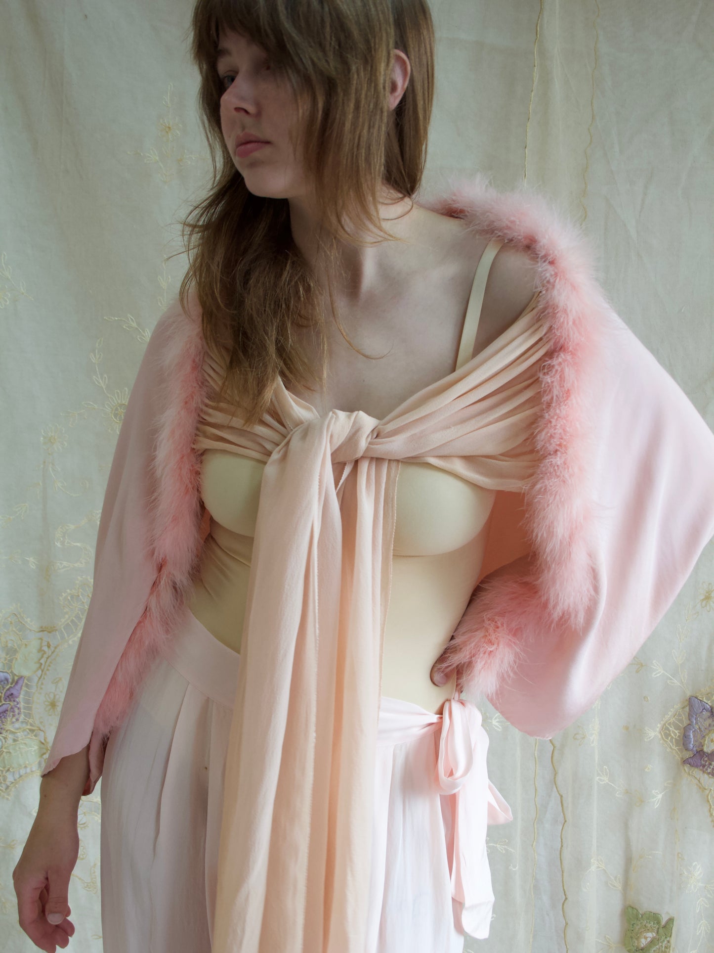 1930s Soft Pink Crepe, Chiffon & Marabou Trim Tie front Bolero