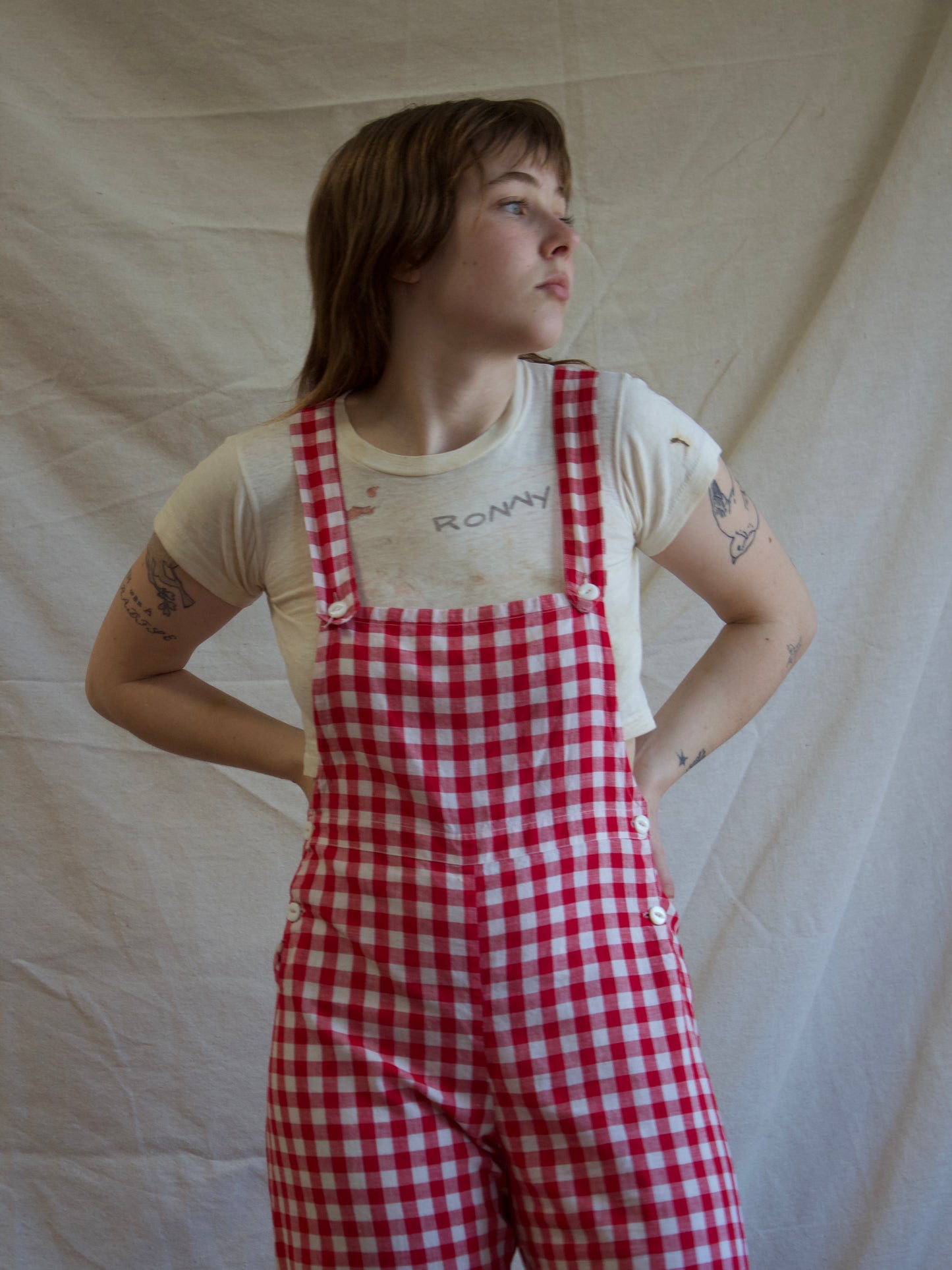1930s Gingham Cotton Bib Front Side Button Overalls