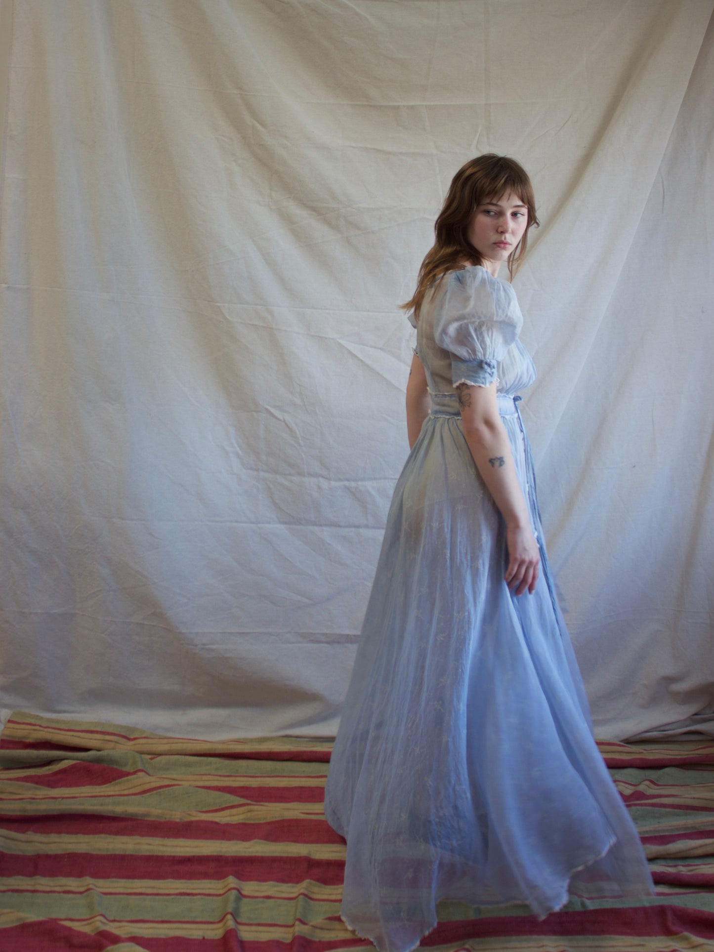 1940s Novelty Print Organza Puff Sleeve Ice Blue Dress