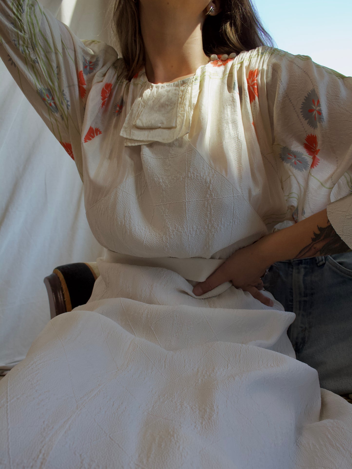 1930s Ivory Crepe & Floral Silk Dolman Sleeve Gown