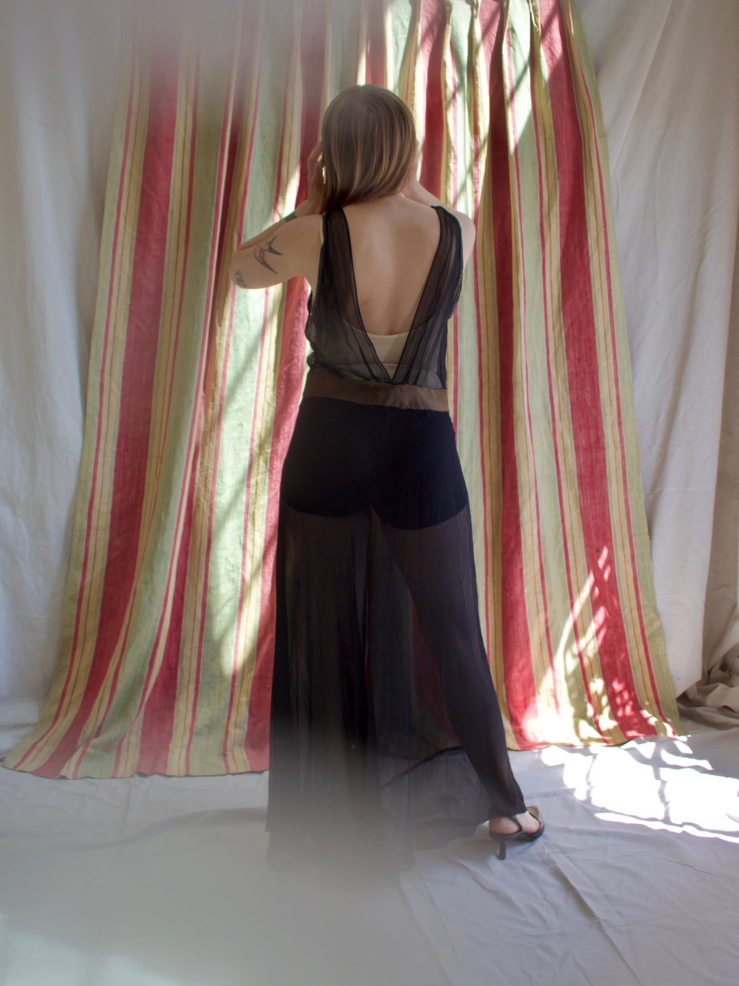 1930s Plunging Bias Cut Two Tone Silk Chiffon & Lace Trim Gown