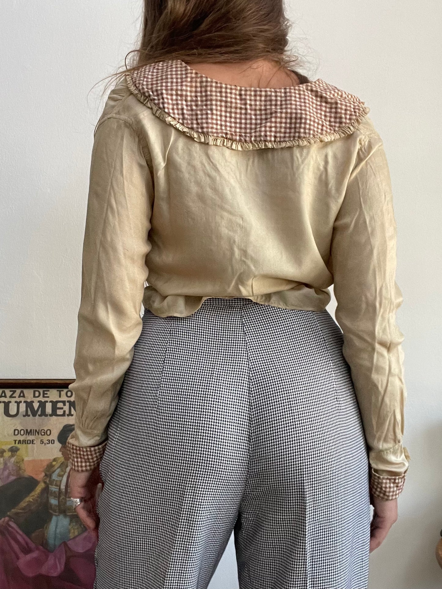 1910s/1920s Pongeee Silk & Gingham Trim Sailor Collar Blouse