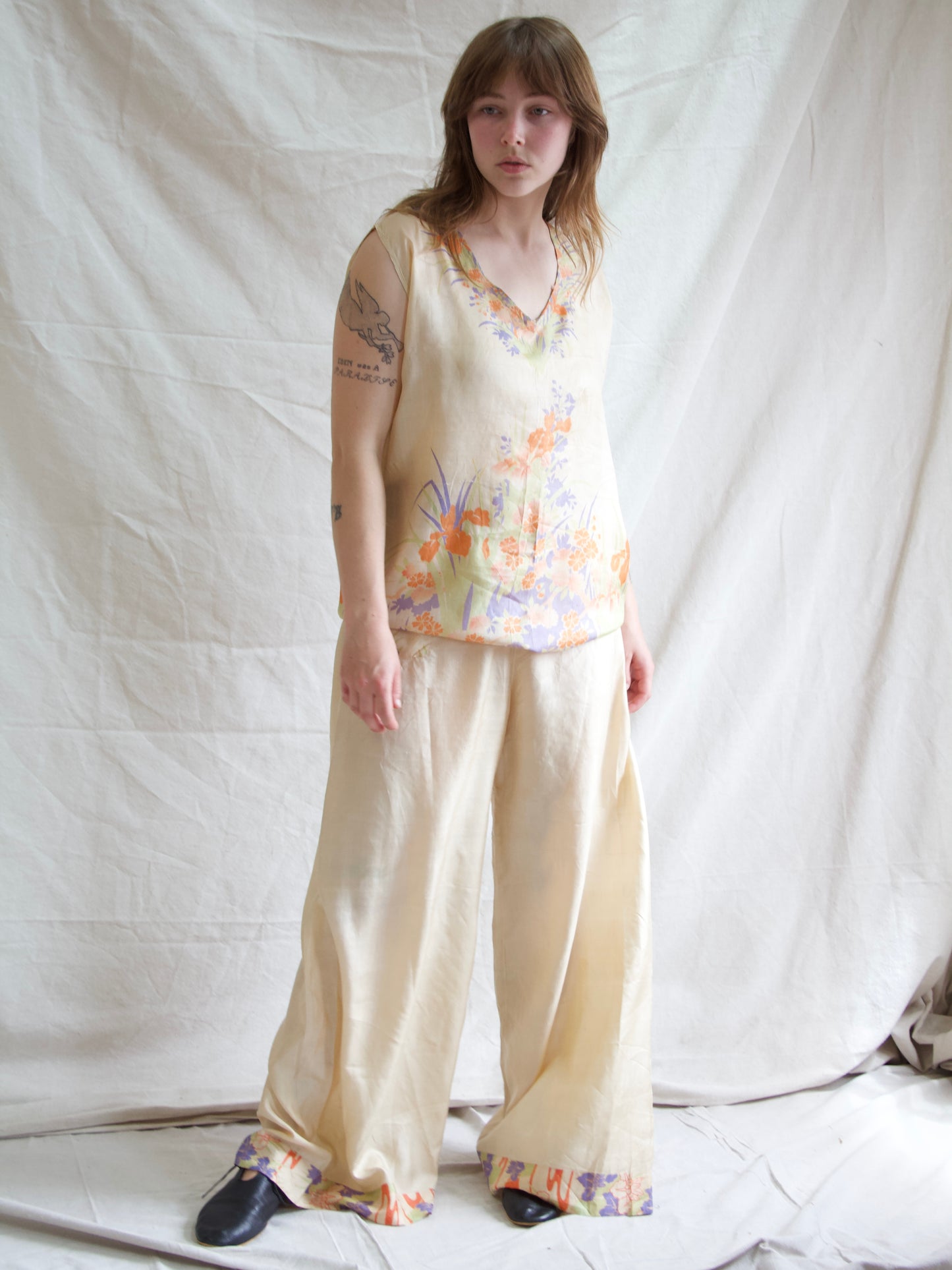 Antique 1920s/1930s Two PC Pongee Silk Palazzo Pant Lounge Set