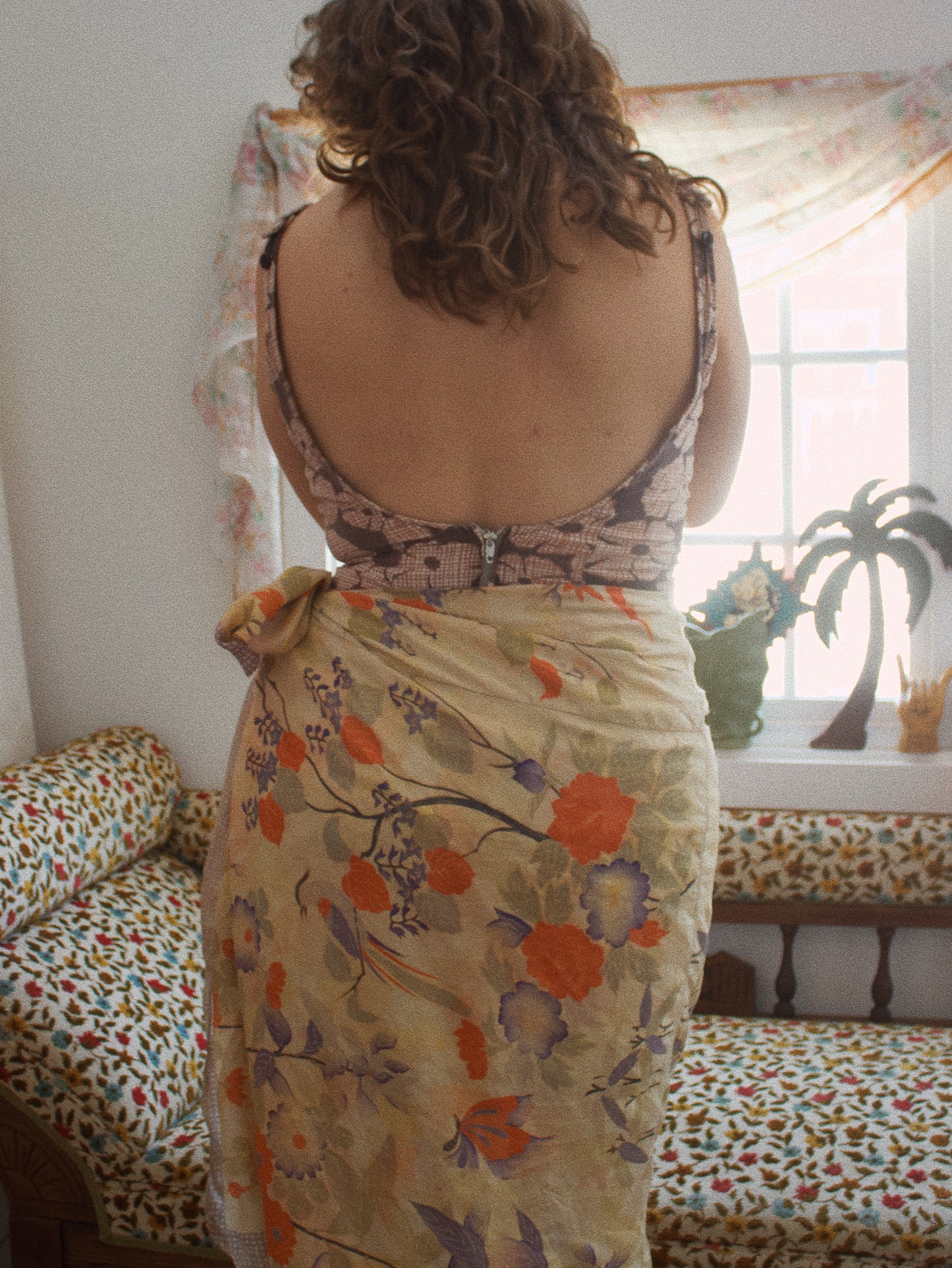 1950s Low Back Floral Print Ruched Cotton Bathing Suit