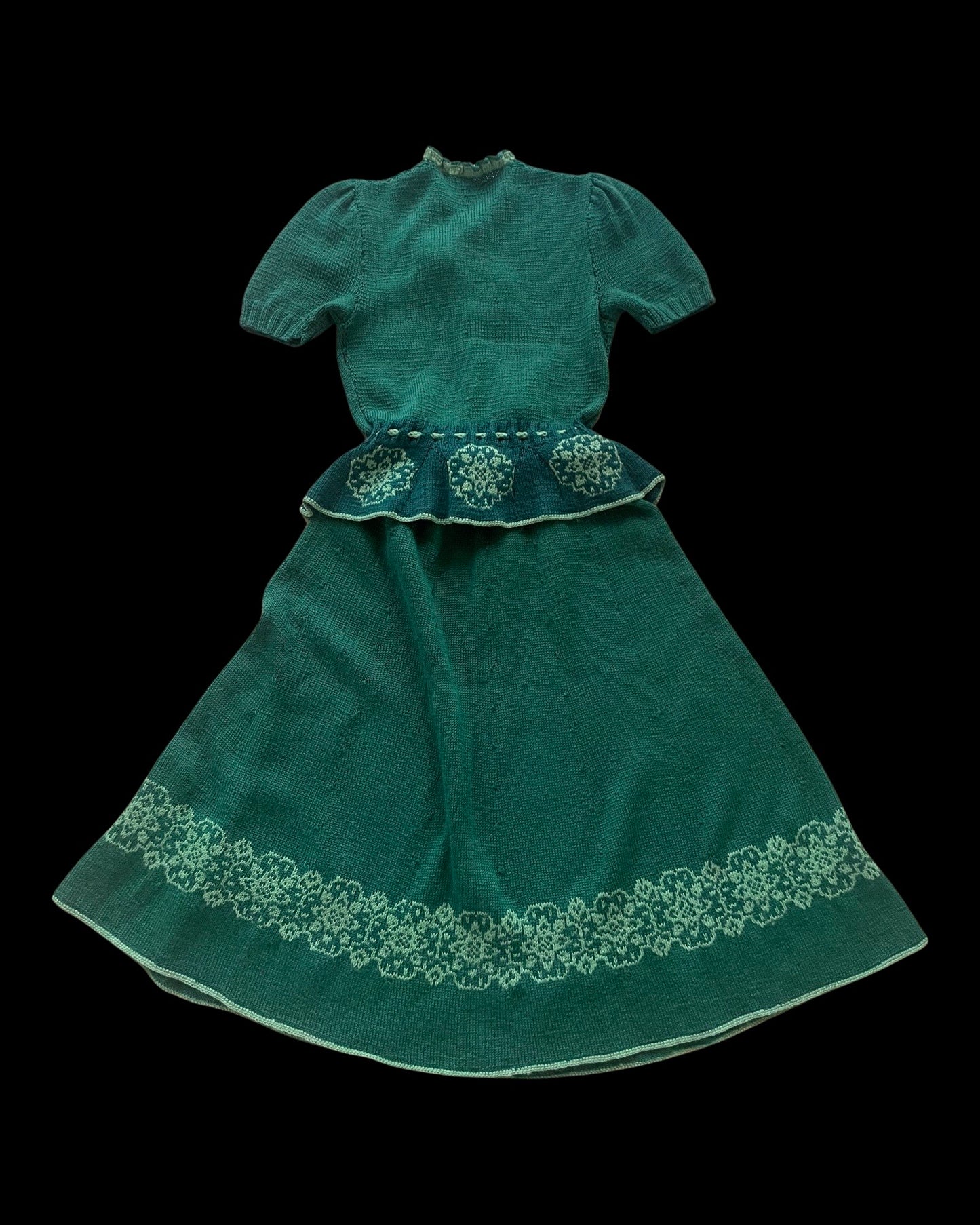 1930s Wool Hand Knit Folk Puff Sleeve Two Piece Set