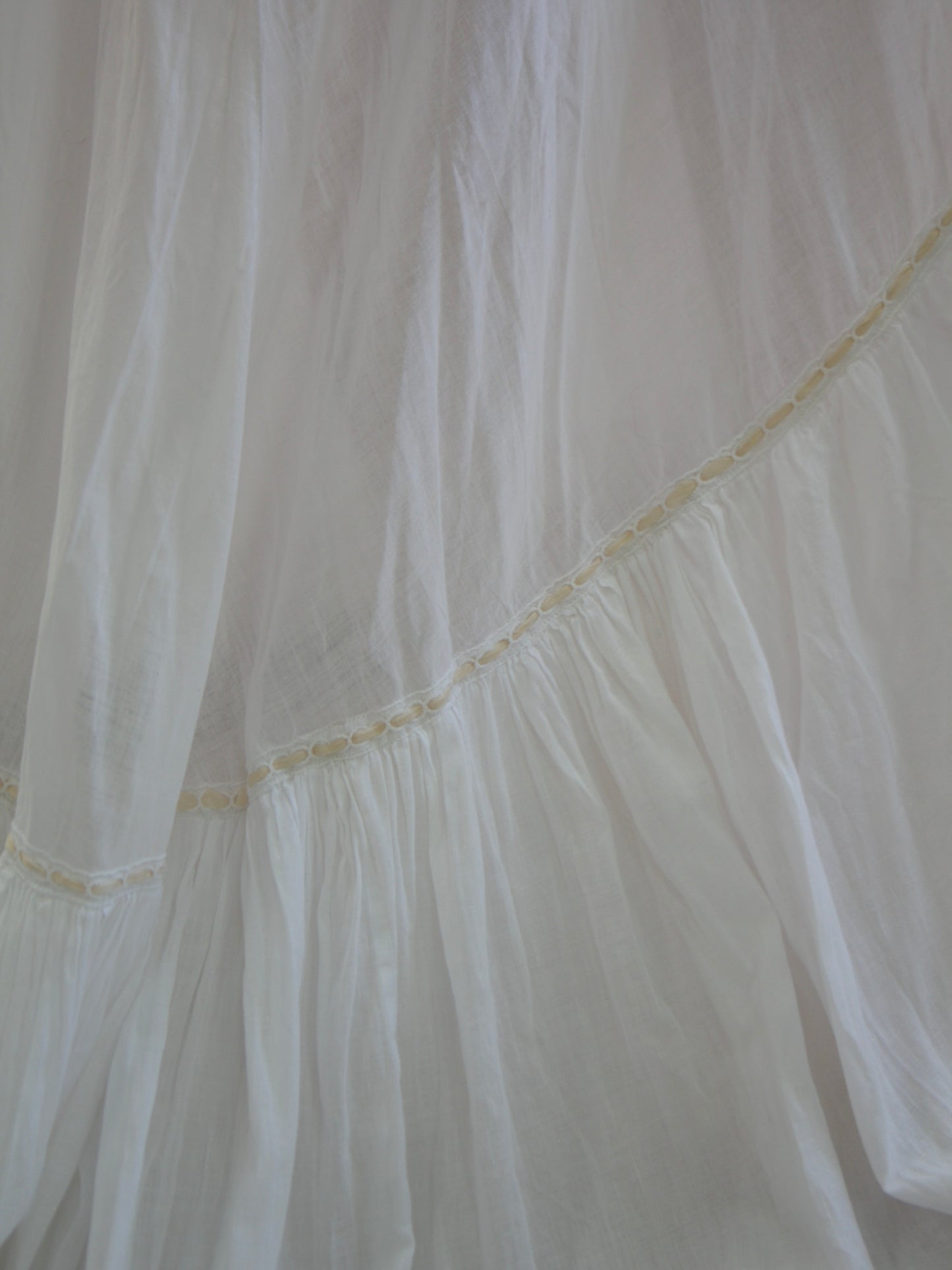 Antique Turn Of The Century Batiste Cotton Inset Lace Trained Mutton Gown