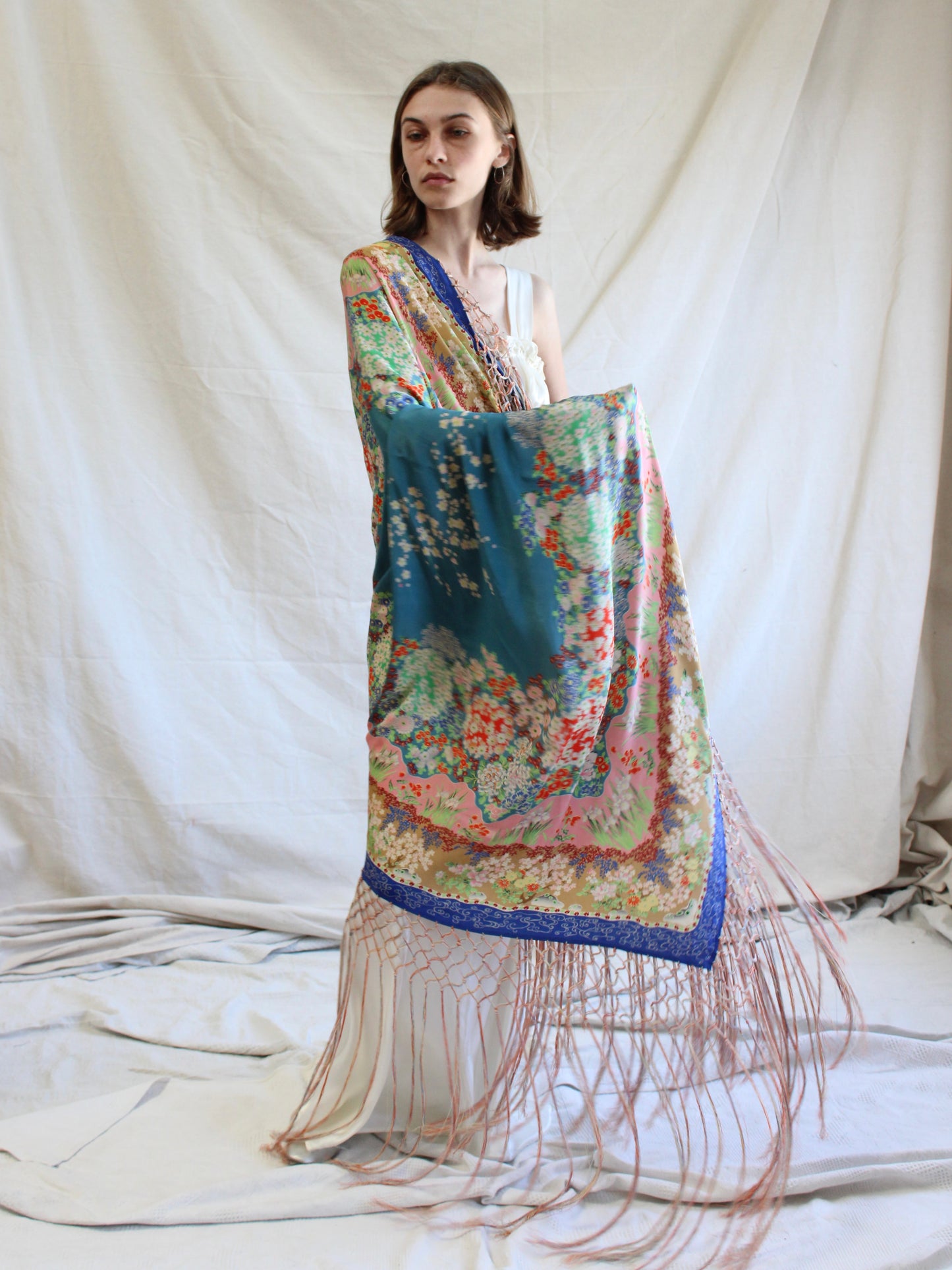 Antique 1920s Japanese Florals Printed Silk Knotted Fringe Shawl