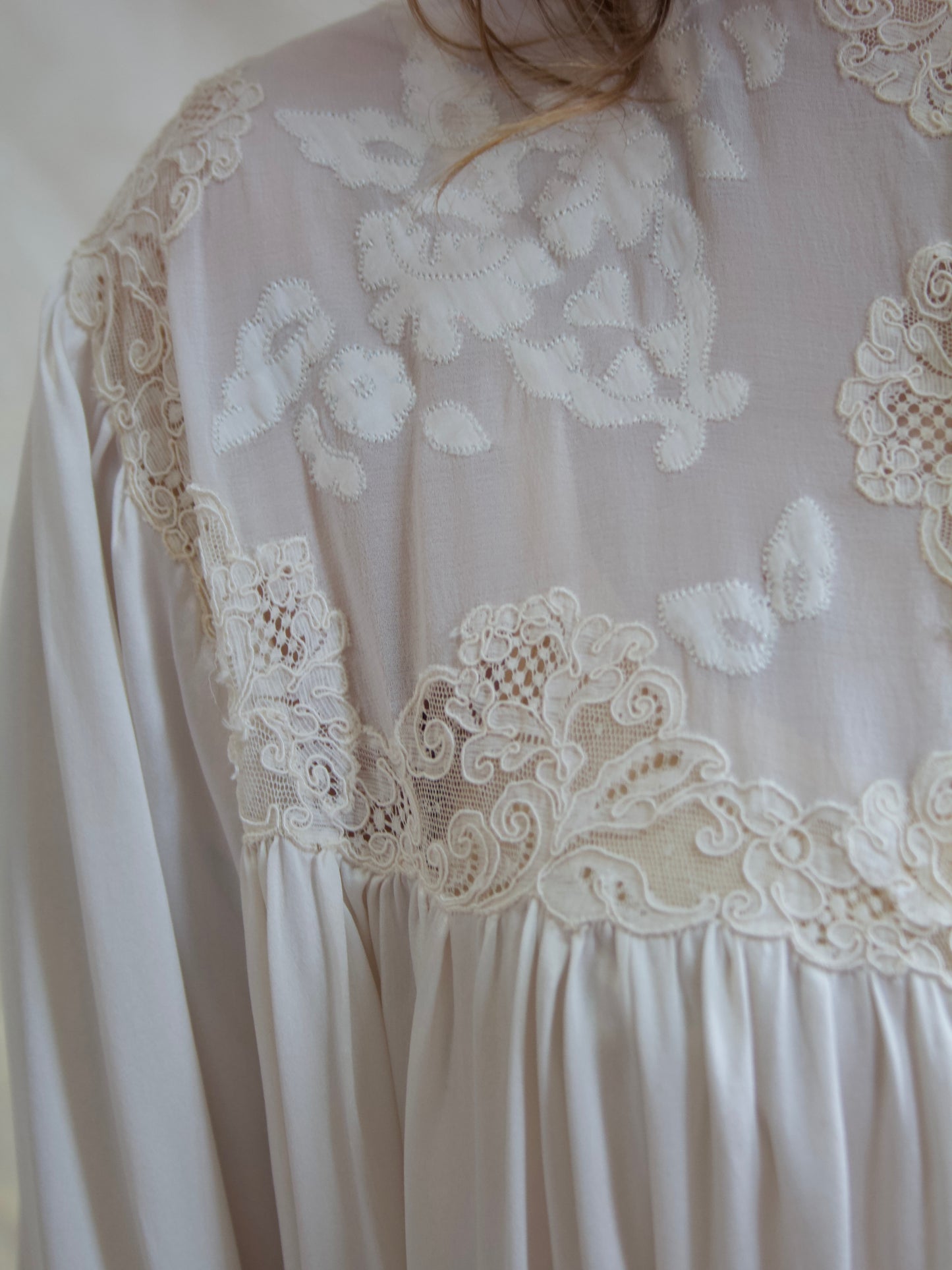 Rare 1930s Silk Lace Hand Sewn Balloon Sleeve Deep V Trousseau Gown