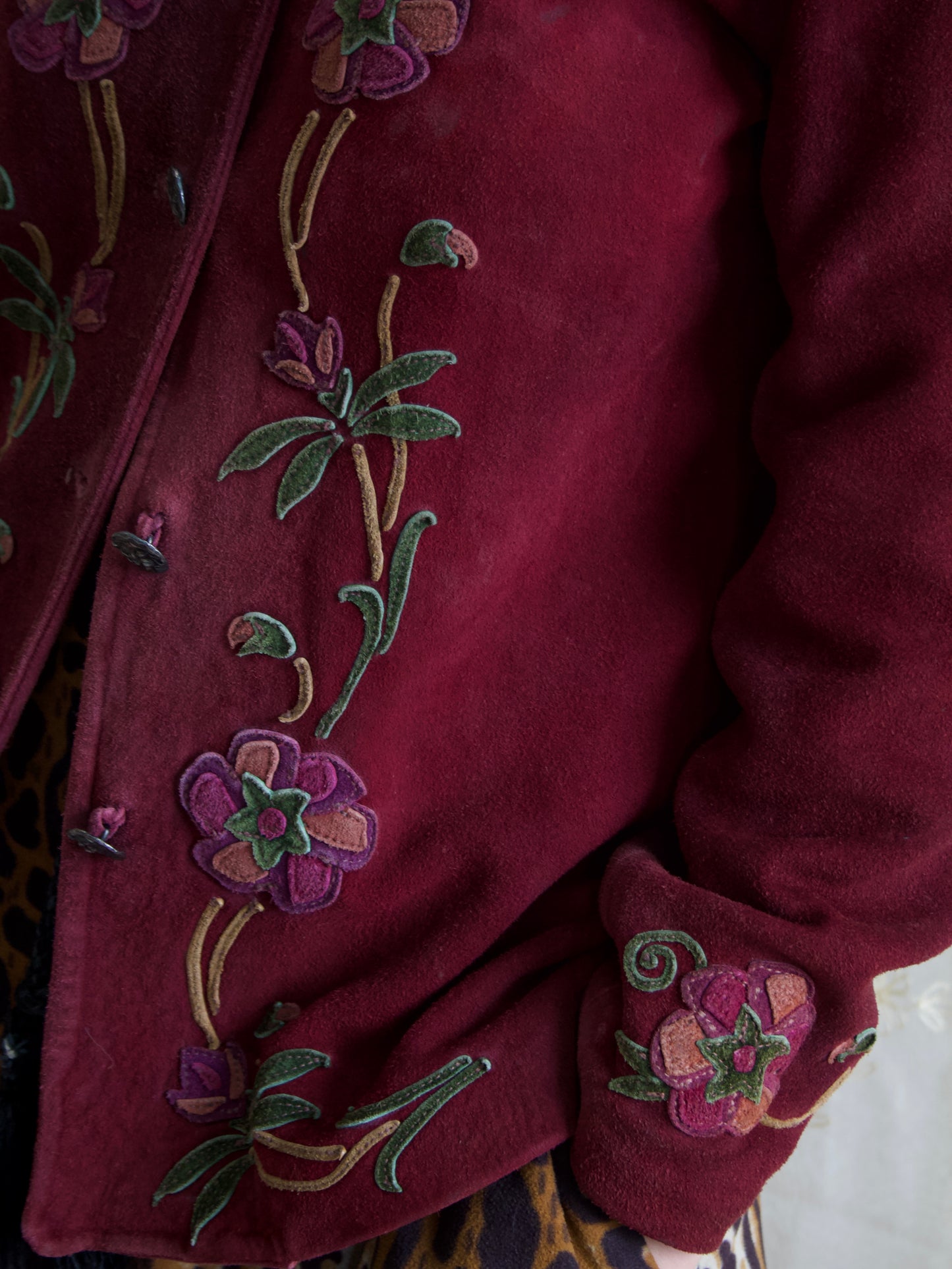 1970s Aubergine Suede Floral Applique Jacket
