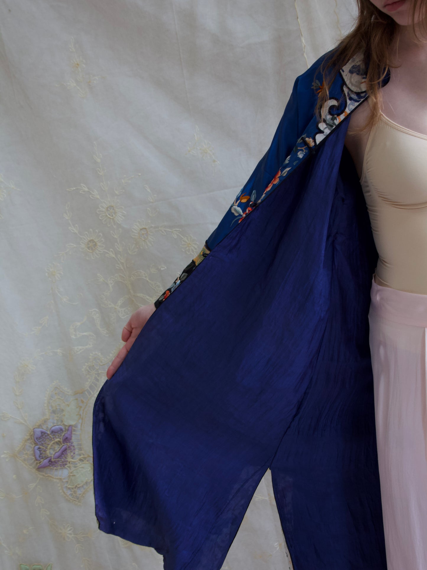 1940s Royal Blue Silk Chinese Mandarin Collar Robe