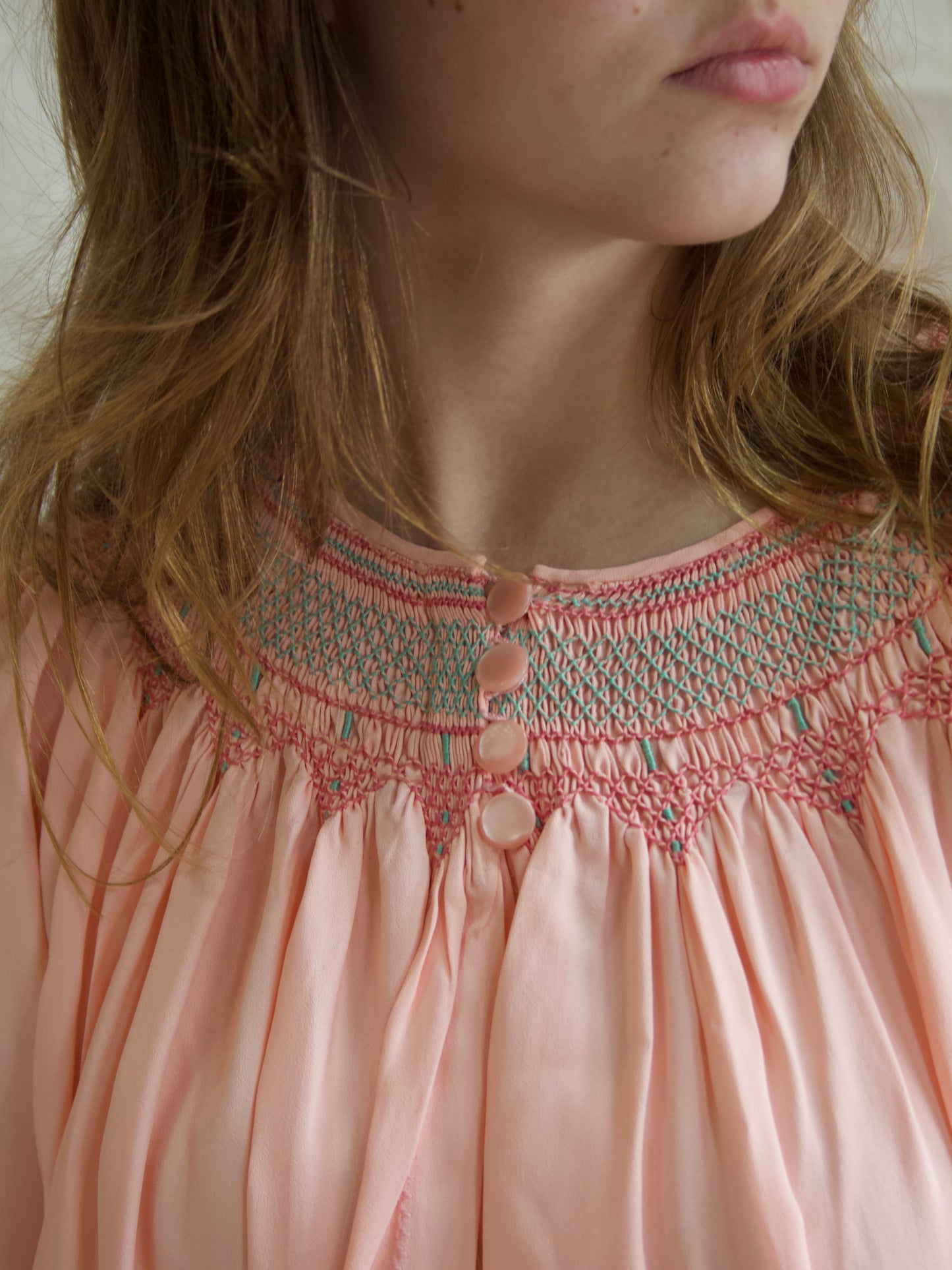 1940s Open front Smocked Balloon Sleeve Silk Crepe Smock Dress