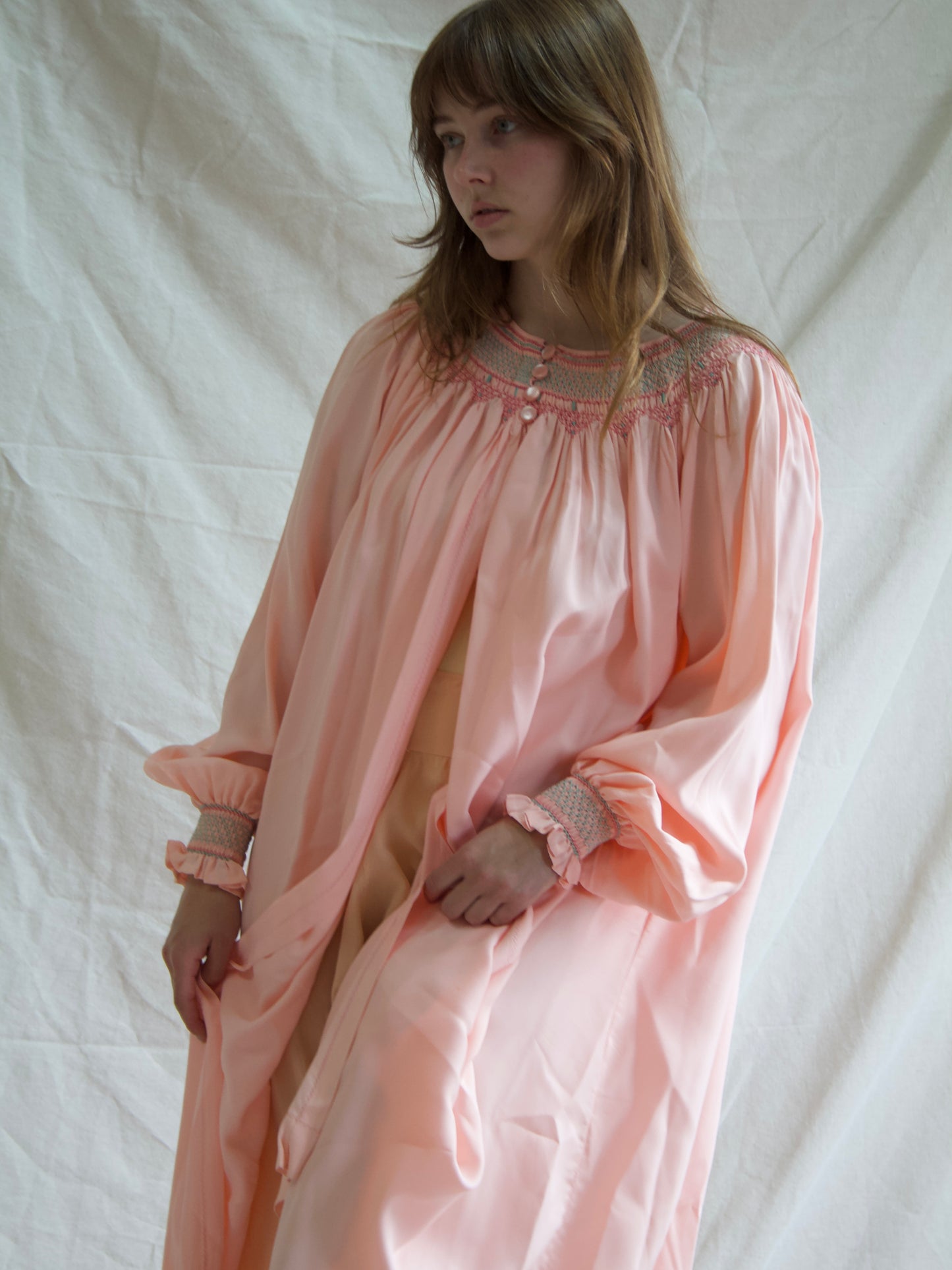 1940s Open front Smocked Balloon Sleeve Silk Crepe Smock Dress