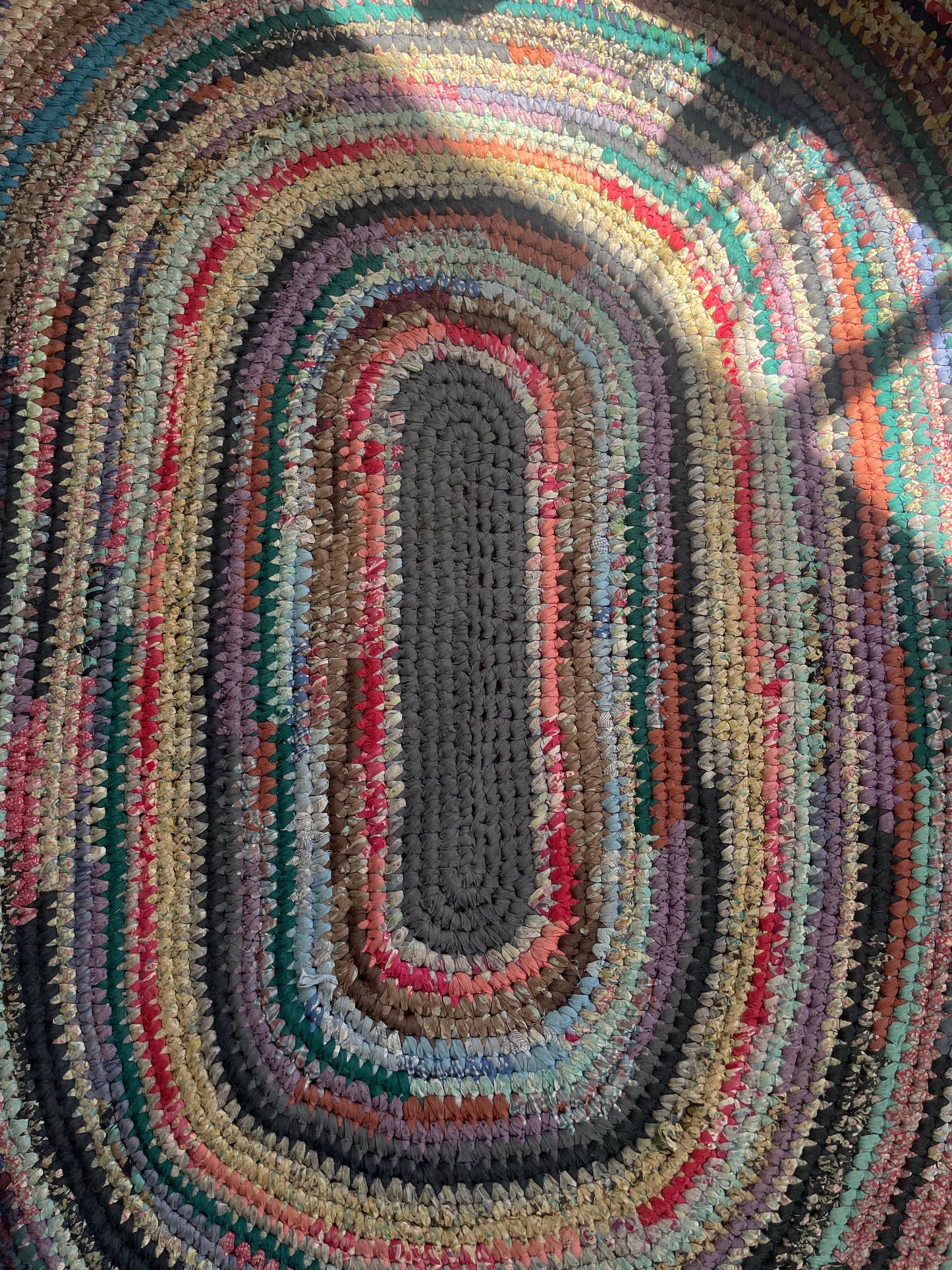 Depression Era Multi-Colored Feedsack Large Oval Area Rag Rug