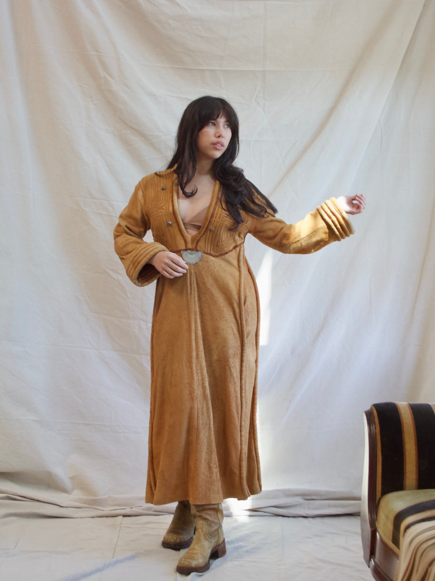 1970s OOAK Hippie Suede Leather Bell Sleeve Dress