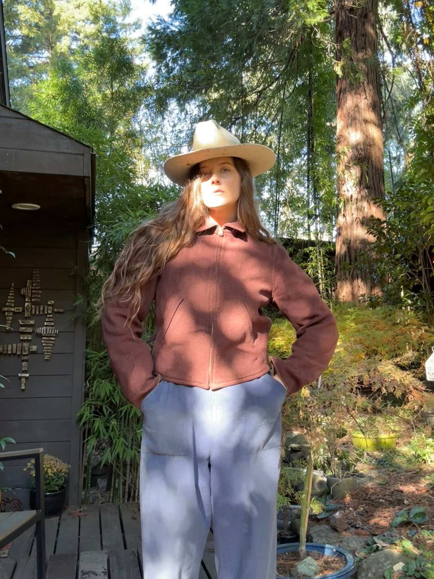 1930s 'Ralph-Pugh Top Notch Leater Sportswear' Mauve Wool Talon Bell Zip Pleat Back Side Cinch Jacket
