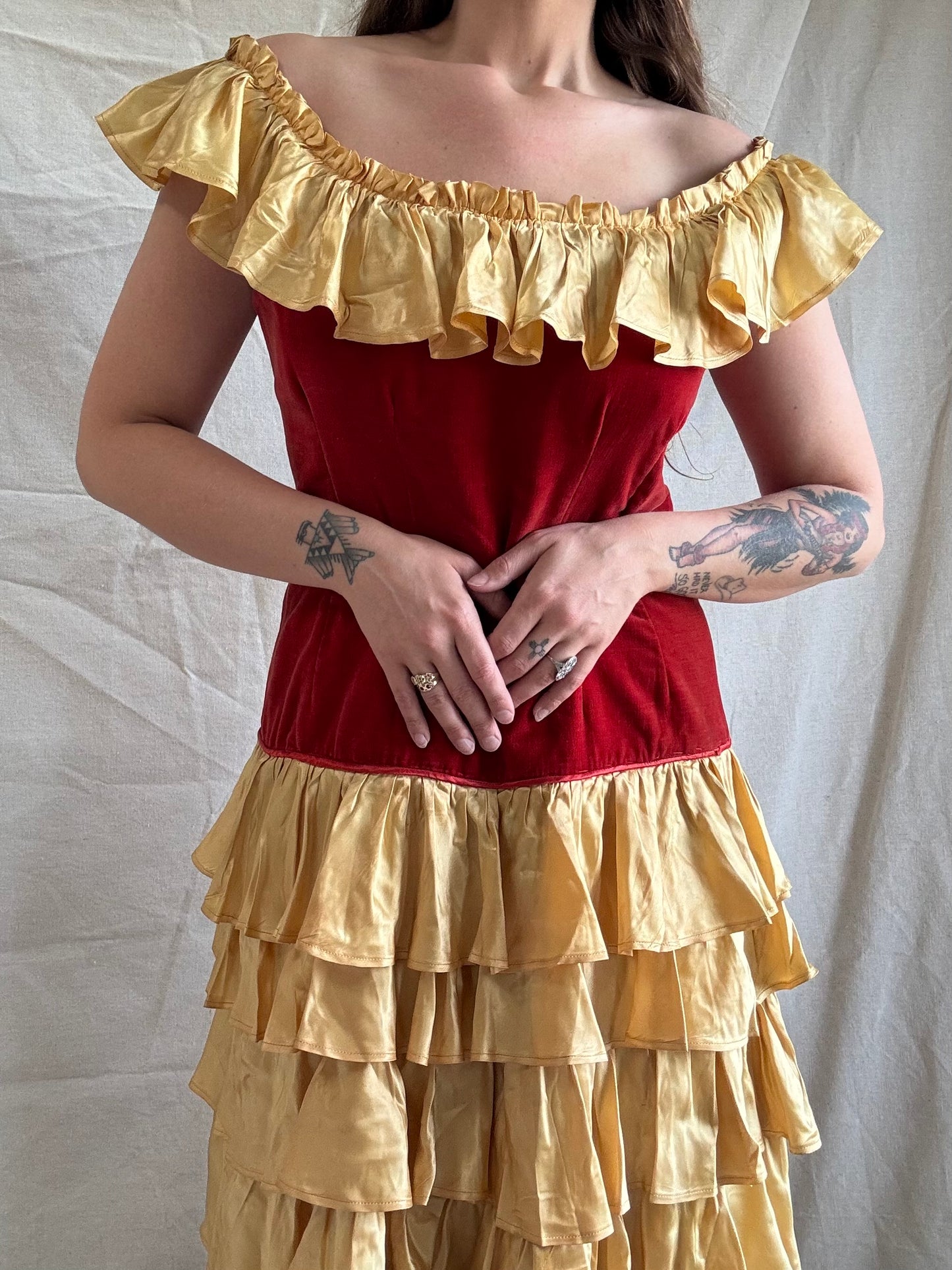 1930s Crimson Velveteen & Gold Liquid Satin Tiered Ruffle Gown