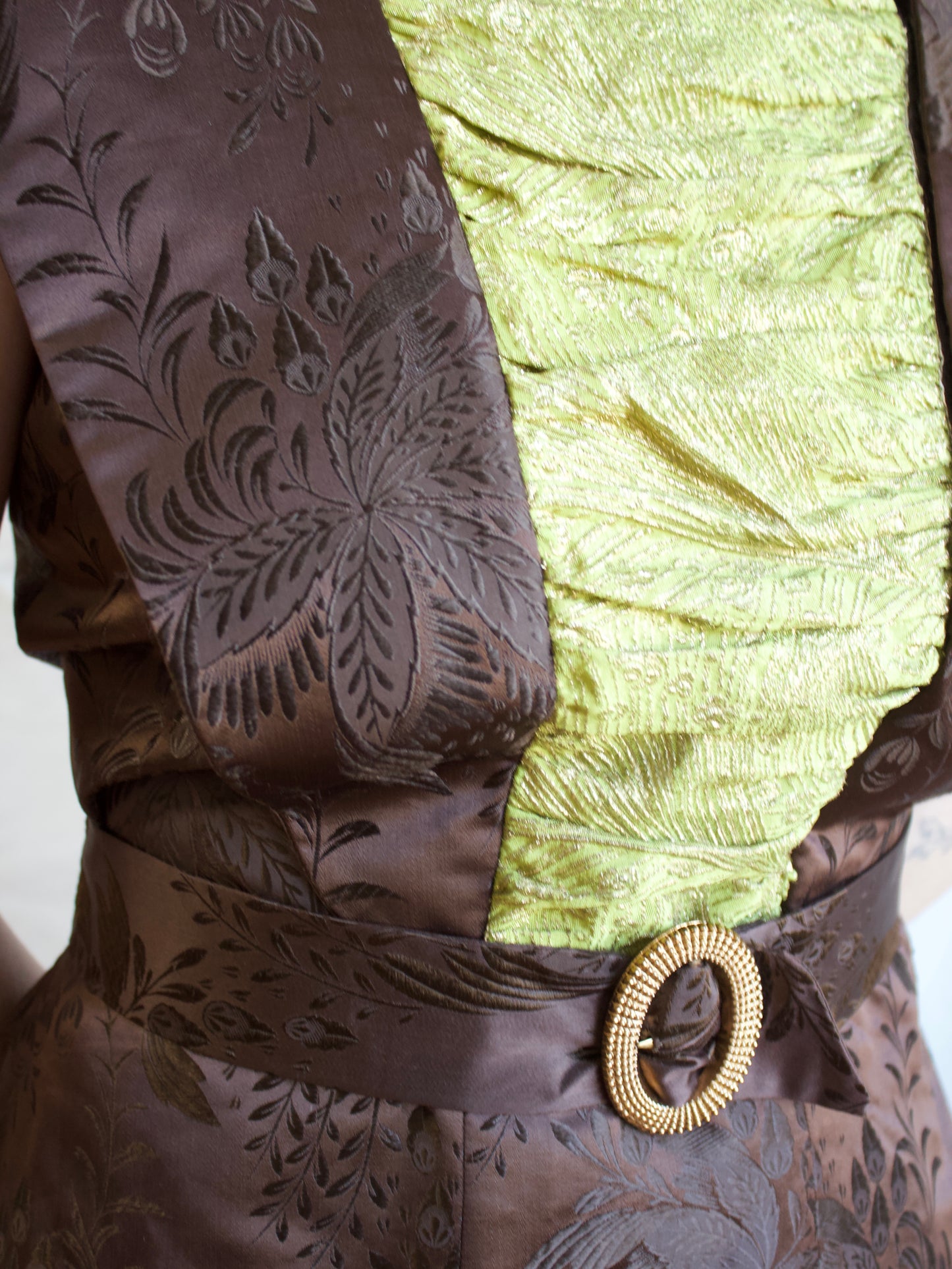 1930s Silk Satin Jacquard & Lamé Sequin Trim Gown