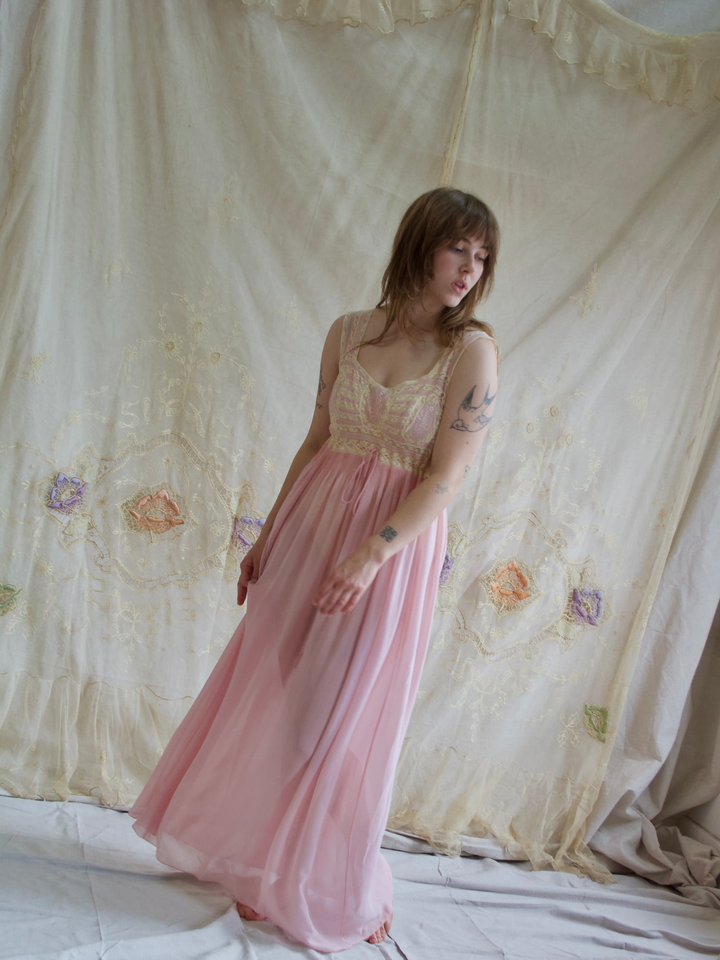 1930s Pale Silk Chiffon & Lace Hand Embroidered Slip Dress