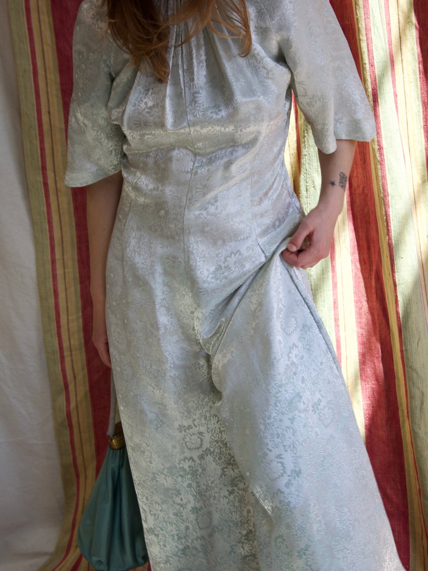 1970s Faux Silk Damask Bell Sleeve High Neck Palazzo Pant Jumpsuit