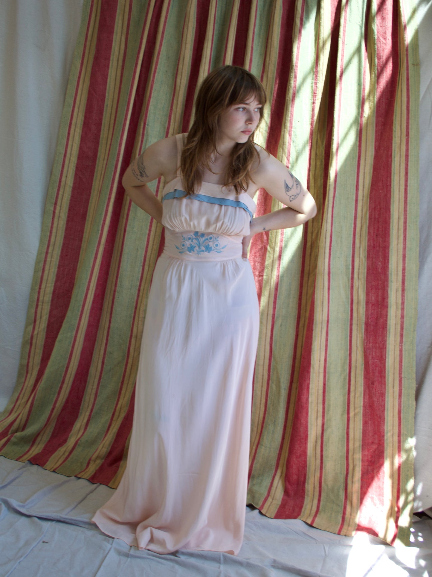 1940s Appliqué Two Tone Cold Rayon Bias Cut Slip Dress