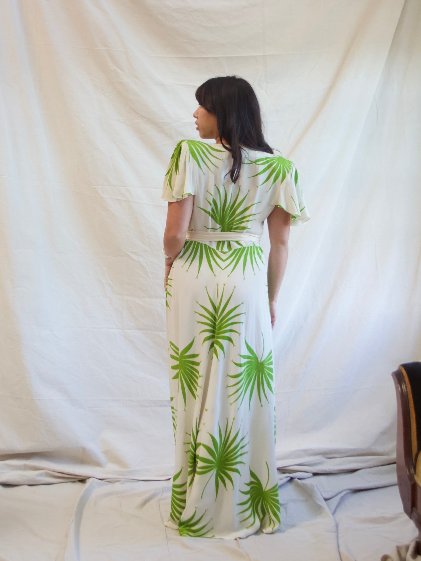 1940s Strong Shoulder Lime Green Palm Print Silk Crepe Dress