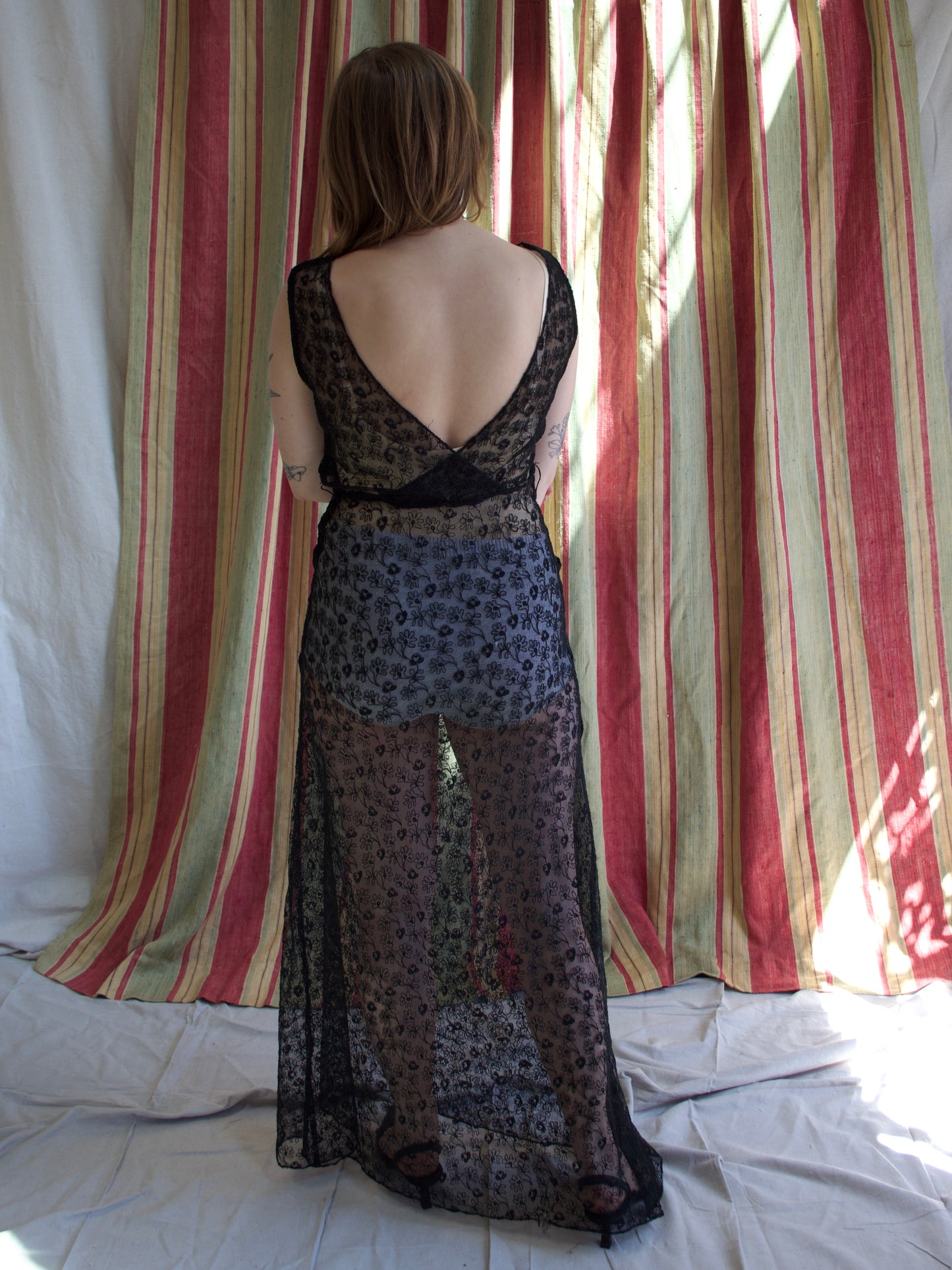 1930s Inky Black Embroidered Net Low Back Dress