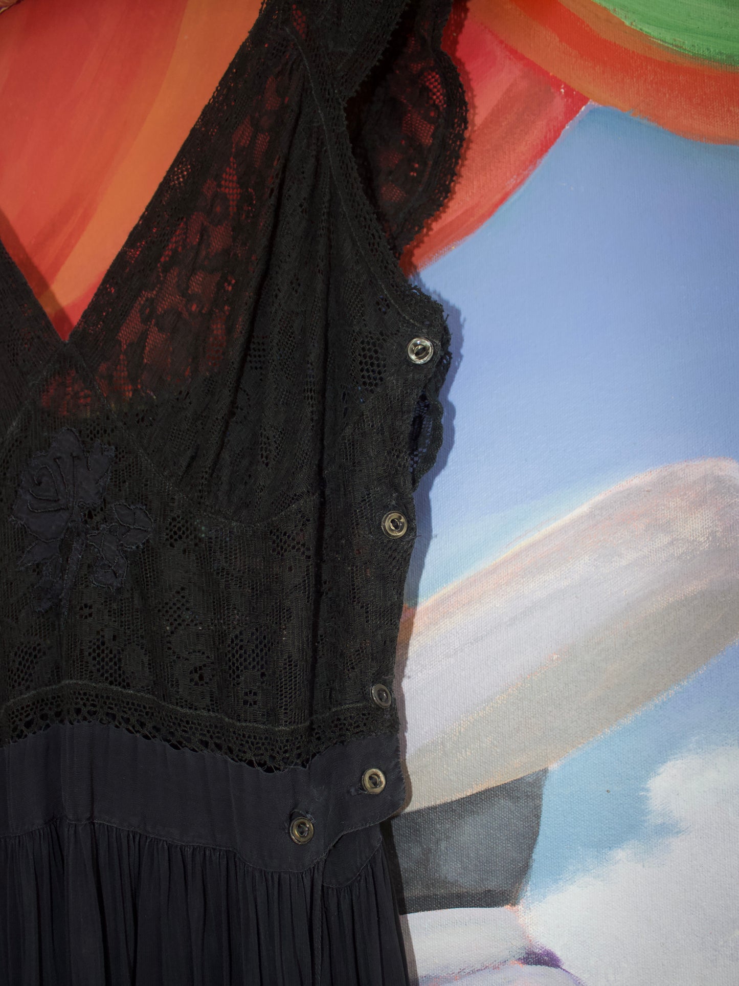 1930s Side Button Appliqué Lace & Silk Crepe Slip Dress