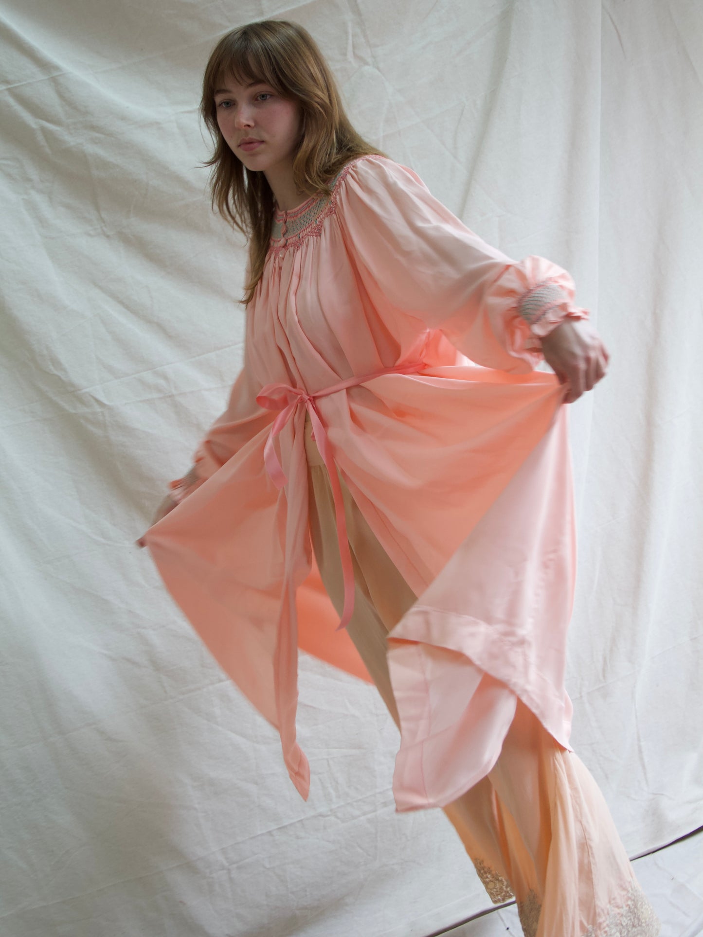 1940s Open front Smocked Balloon Sleeve Silk Crepe Smock Dress