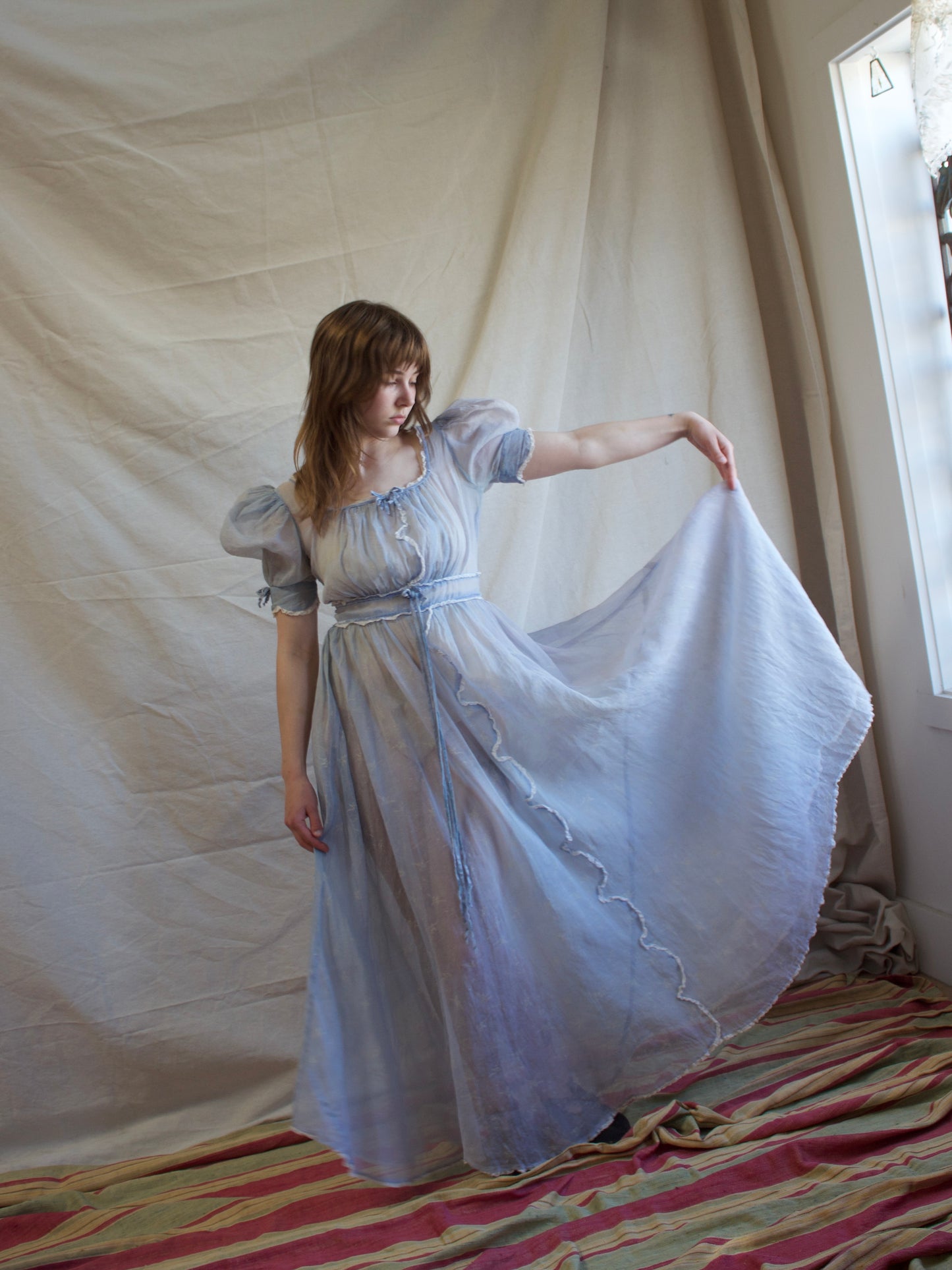 1940s Novelty Print Organza Puff Sleeve Ice Blue Dress