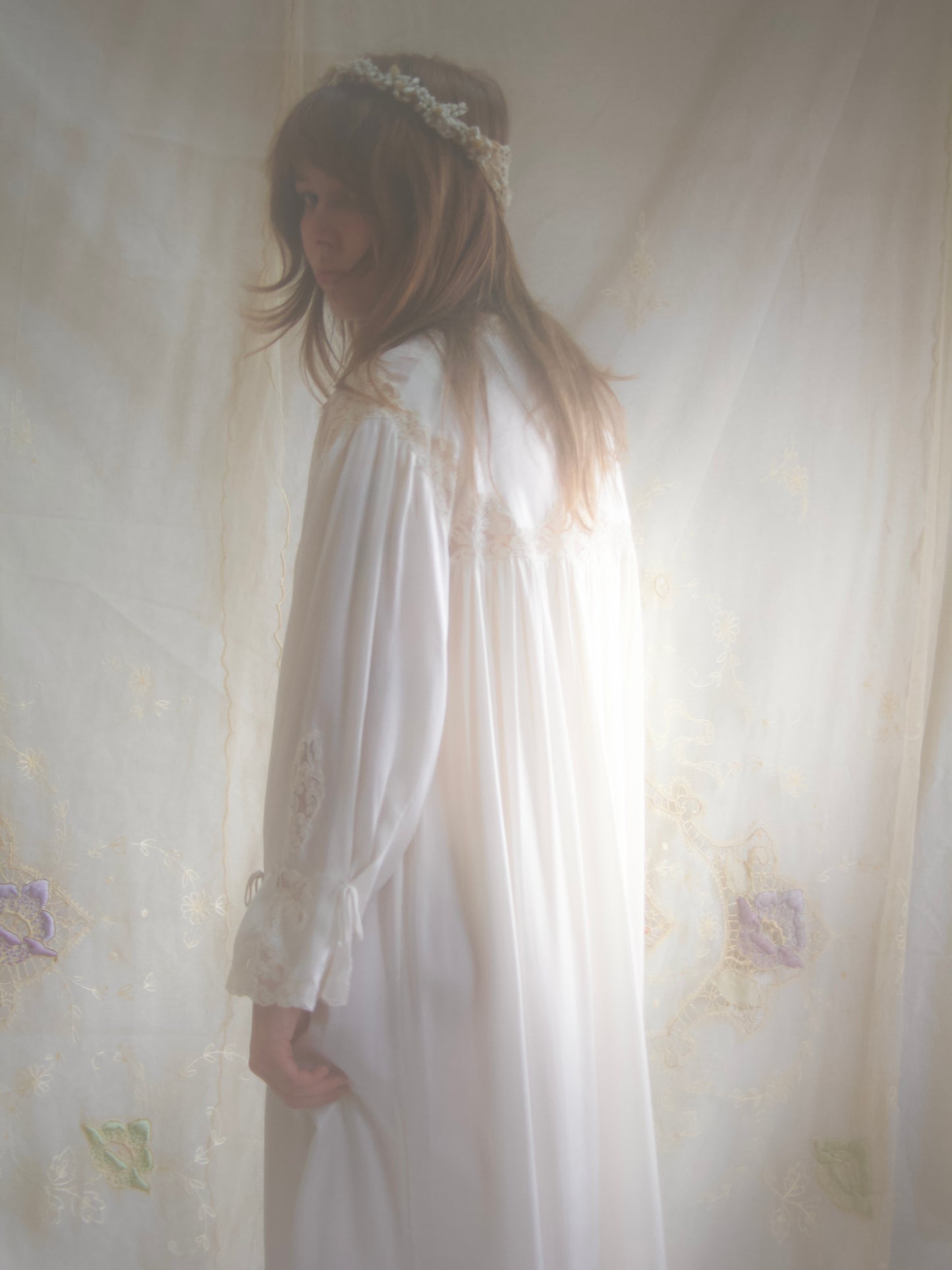Rare 1930s Silk Lace Hand Sewn Balloon Sleeve Deep V Trousseau Gown