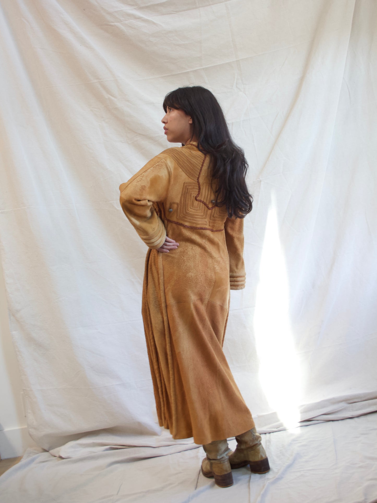 1970s OOAK Hippie Suede Leather Bell Sleeve Dress