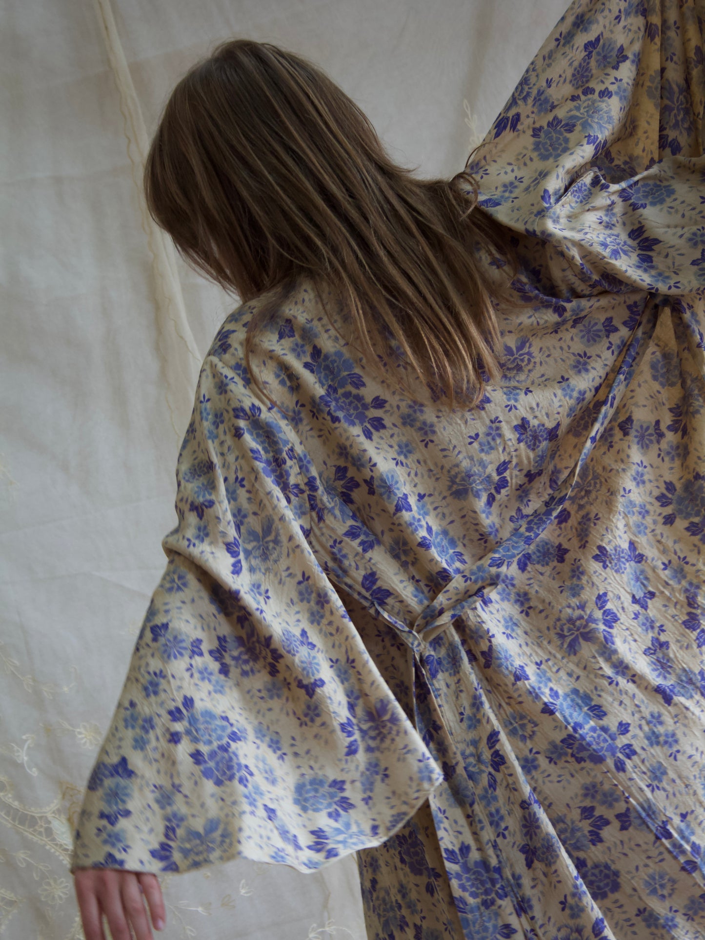 Antique 1920s Reversible Flutter Sleeve Floral Pongee Silk Robe