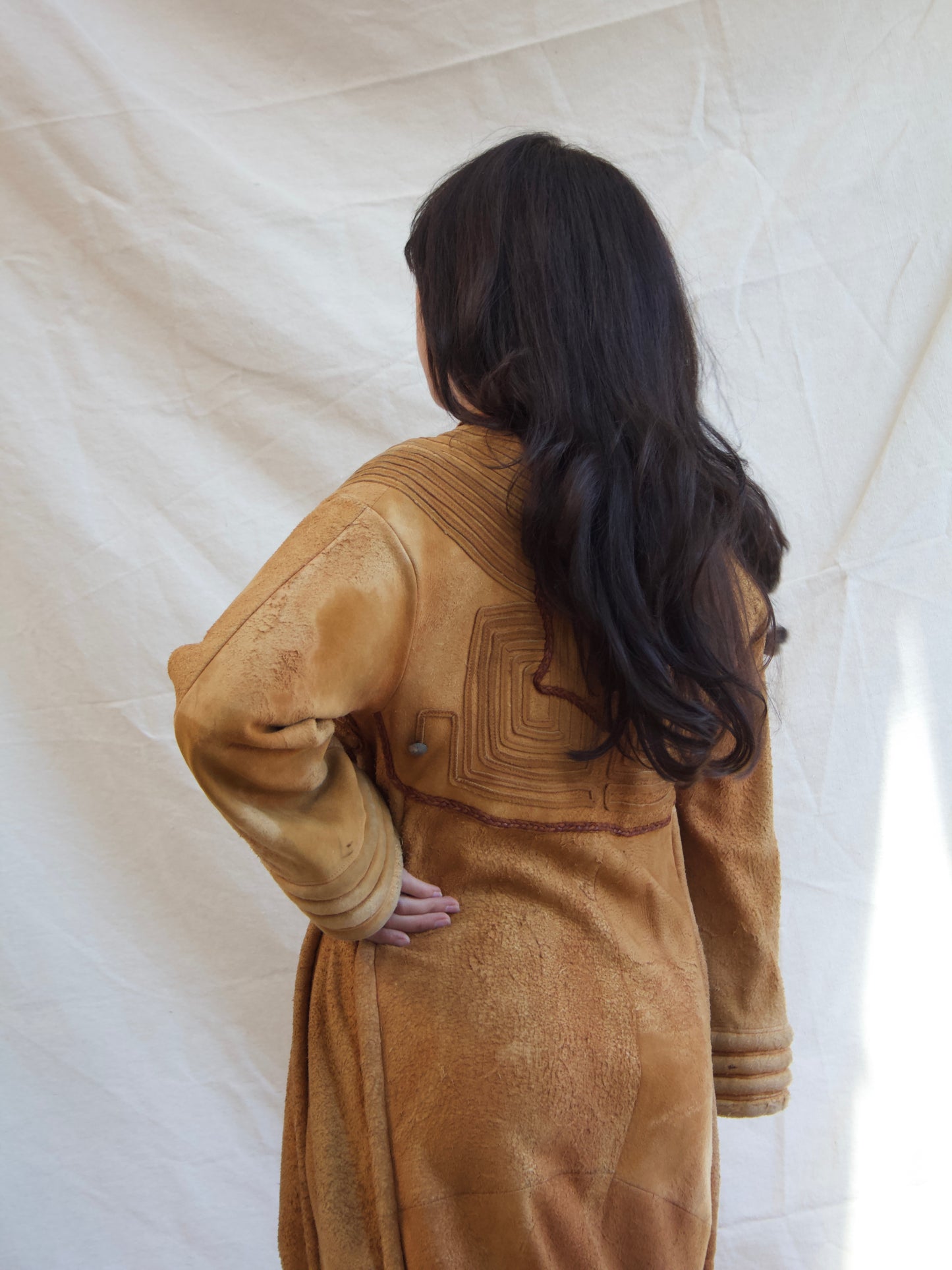 1970s OOAK Hippie Suede Leather Bell Sleeve Dress