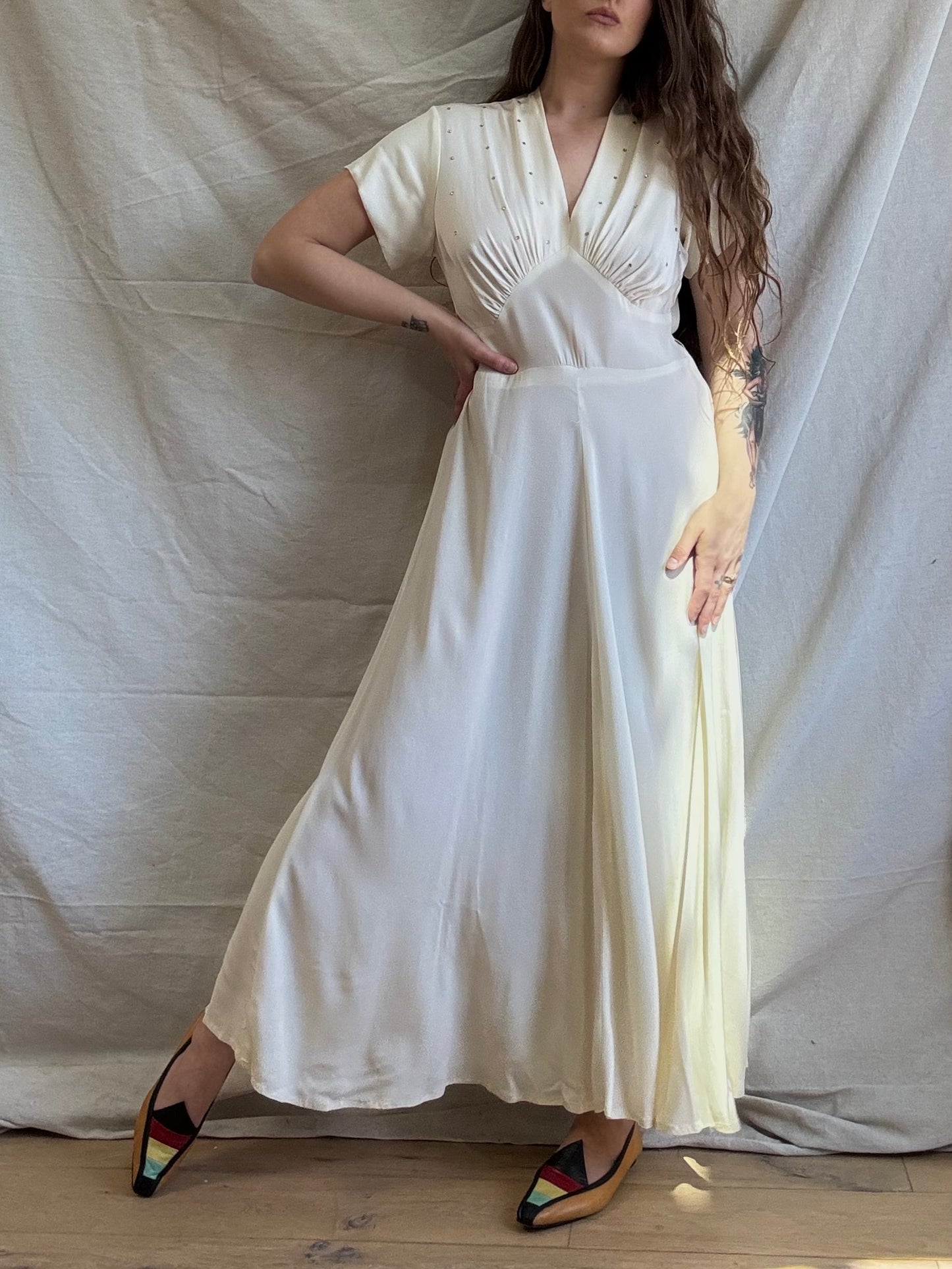 1940s Diamante Silk Crepe Bias Cut Gown