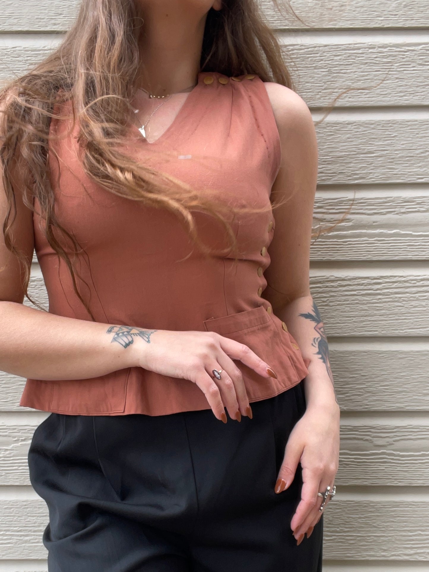 1940s Terracotta Gabardine Side Button Vest Blouse W* Pockets