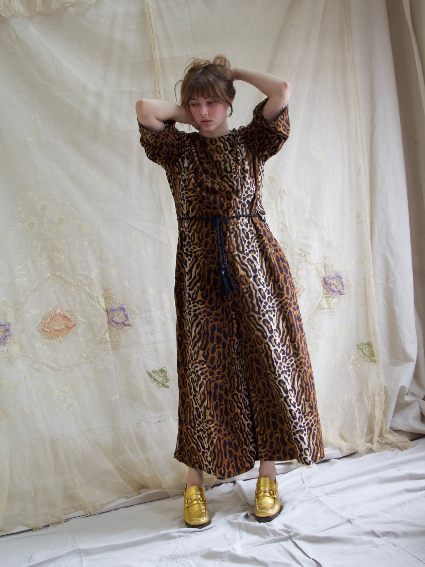 1950s Cheetah Print Plush Palazzo Pant Zip Front Lounge Jumpsuit