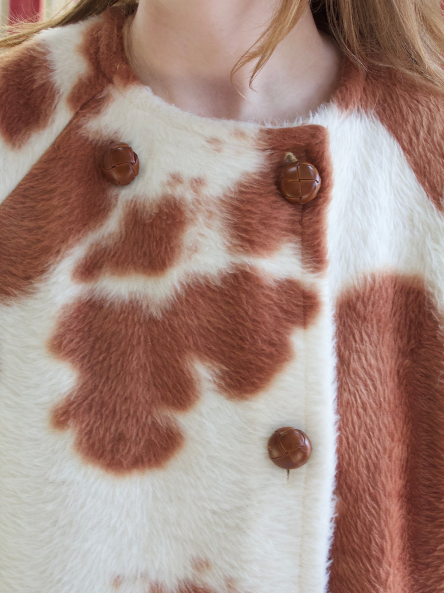 Late 1950s Faux Fur Cow Print Bell Sleeve Tunic Style Jacket