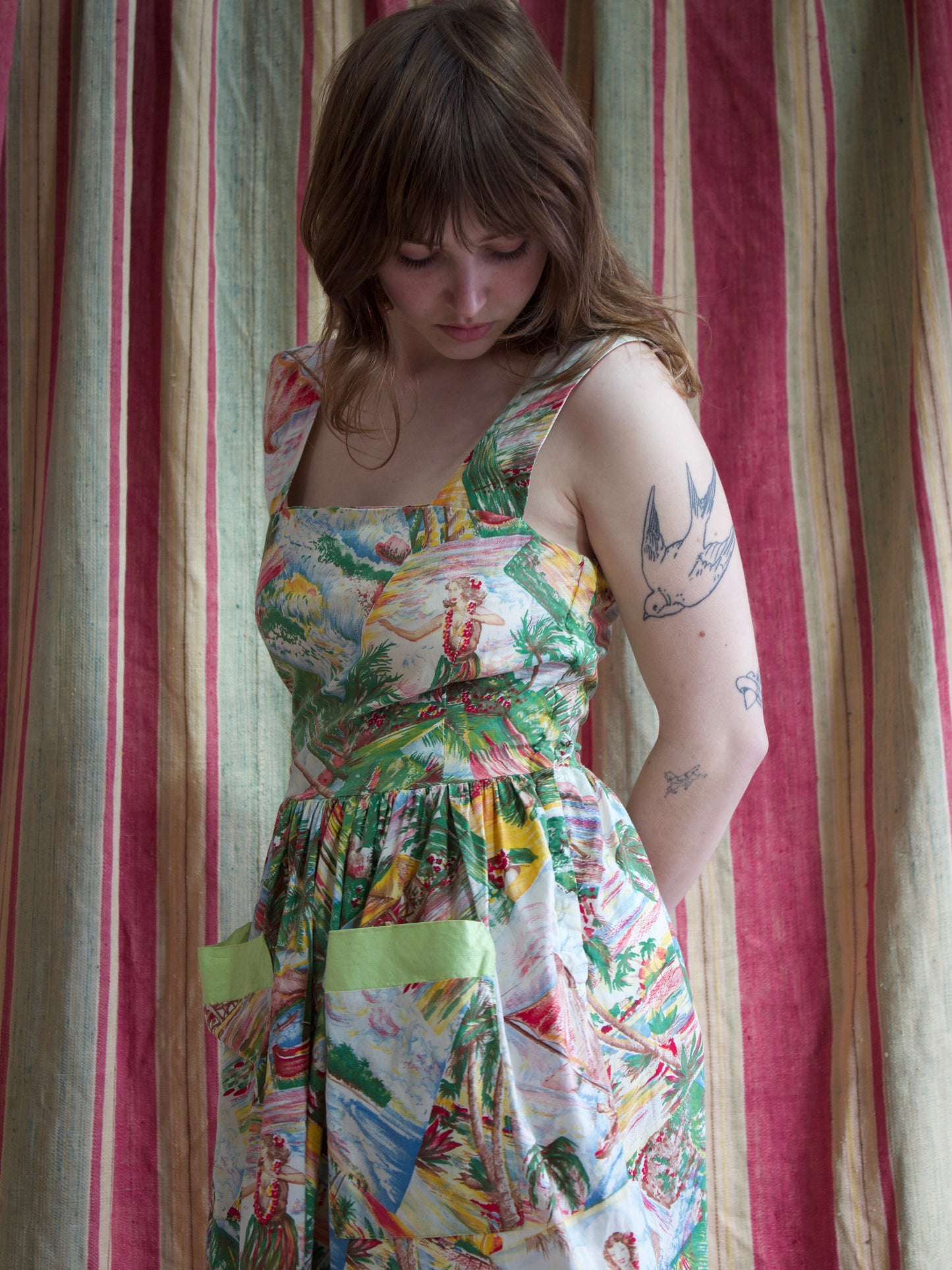 1940s 2 PC Hawaiian Print Cotton Sundress w* Chartreuse Bolero
