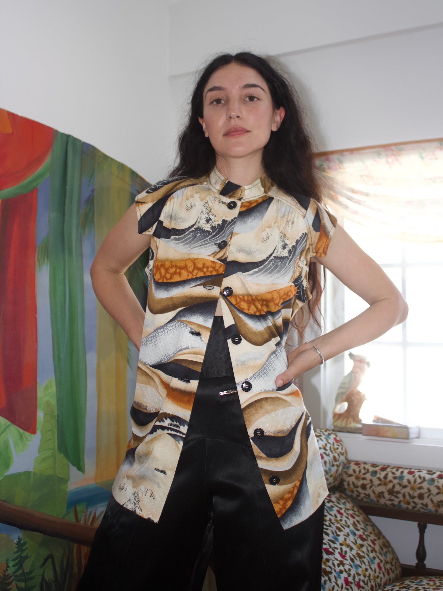 1960s Japanese Print Knit Jersey Mandarin Collar Tunic Blouse