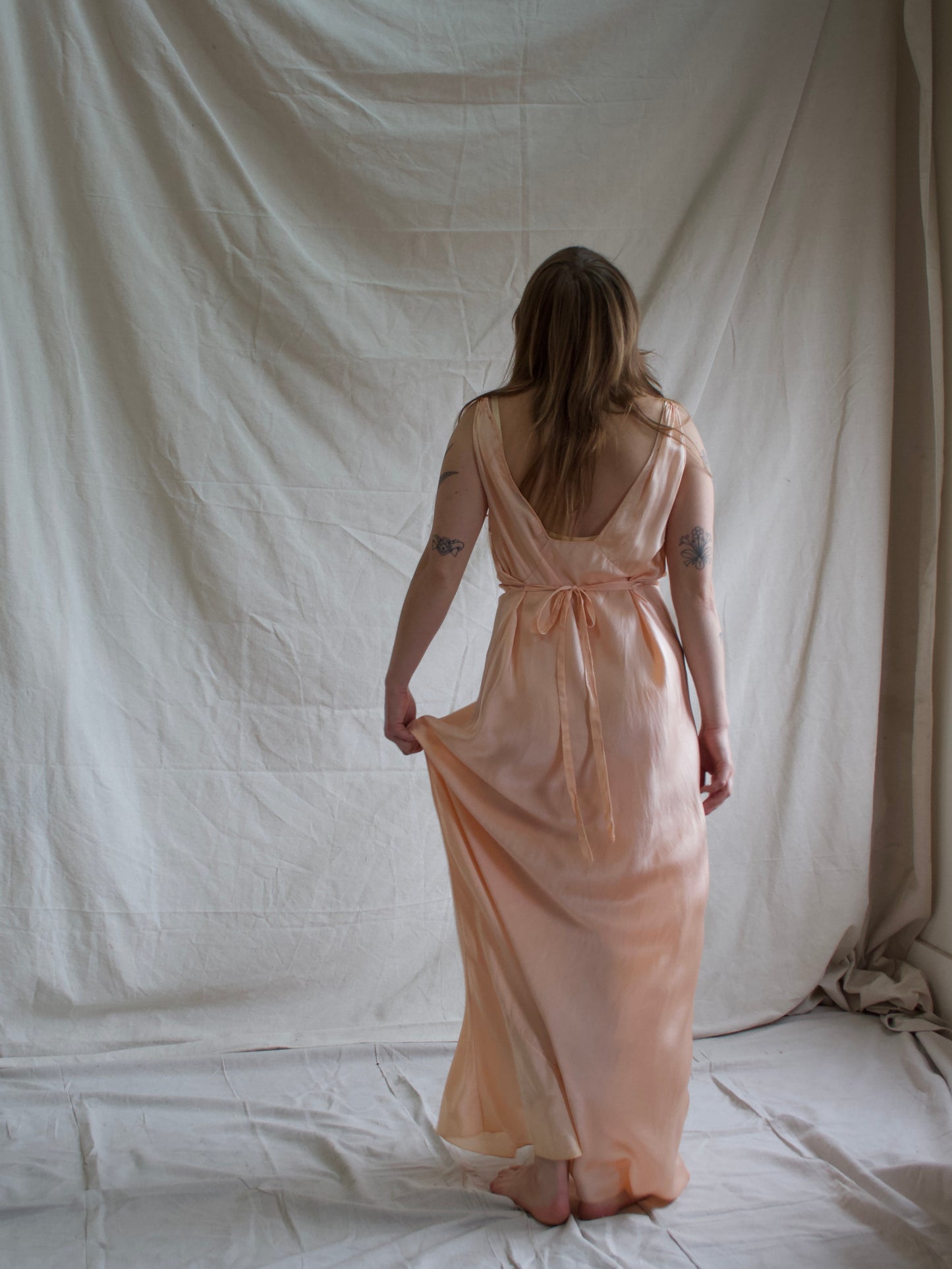 1930s Hand Sewn Woven Strap Bias Cut Silk Midriff Detail Slip Dress